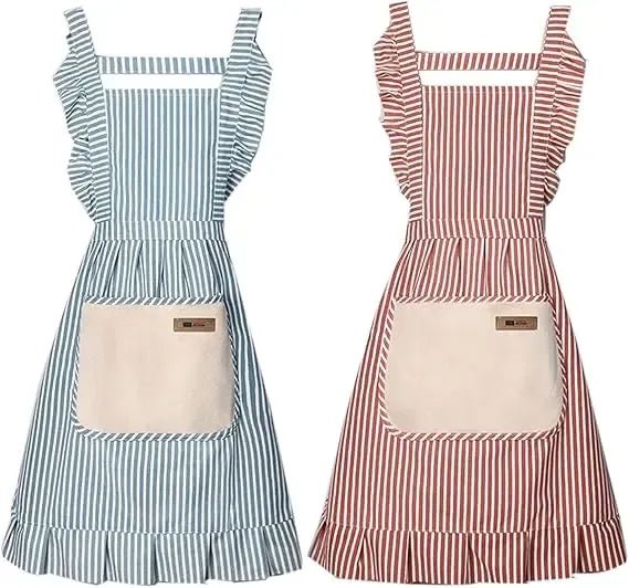 2 Pack Adjustable Cotton Linen Kitchen Aprons with Front Pockets for Cooking, Baking, BBQ and Gardening - Striped - Home & Garden > Kitchenware > Aprons - Rivercity House & Home Co. (ABN 18 642 972 209) - Affordable Modern Furniture Australia