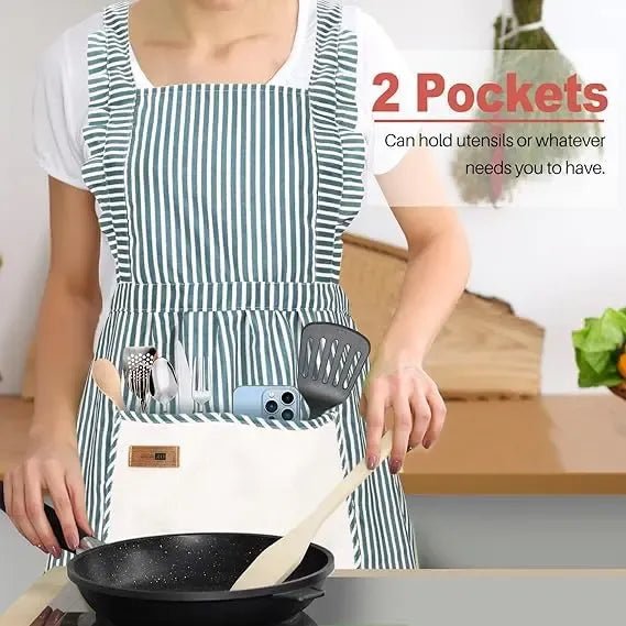2 Pack Adjustable Cotton Linen Kitchen Aprons with Front Pockets for Cooking, Baking, BBQ and Gardening - Striped - Home & Garden > Kitchenware > Aprons - Rivercity House & Home Co. (ABN 18 642 972 209) - Affordable Modern Furniture Australia
