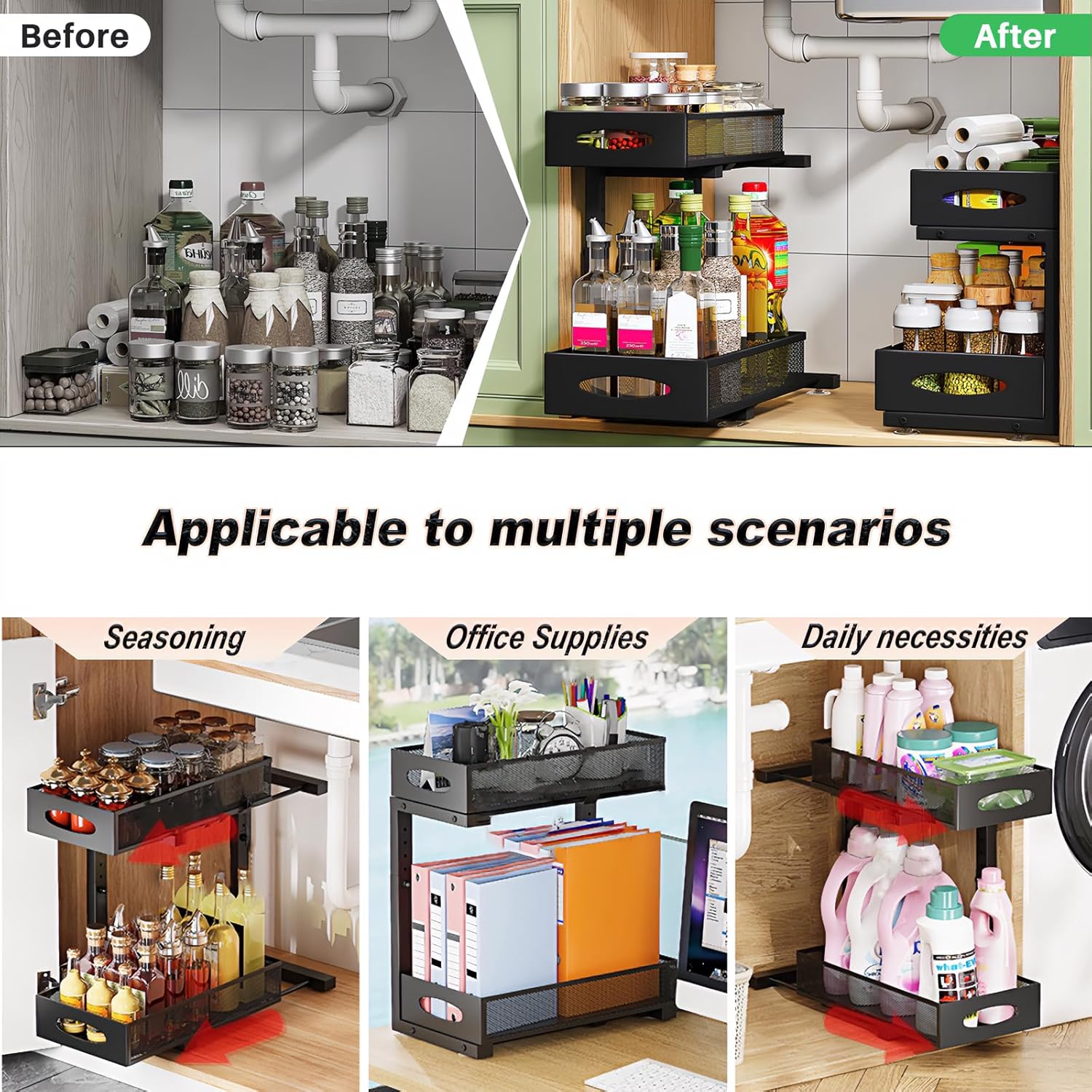 2 Pack Adjustable Height Under Sink Sliding Cabinet Organiser Storage Shelf - Black - Furniture > Bathroom > Bathroom Cabinets, Cupboards & Storage - Rivercity House & Home Co. (ABN 18 642 972 209) - Affordable Modern Furniture Australia