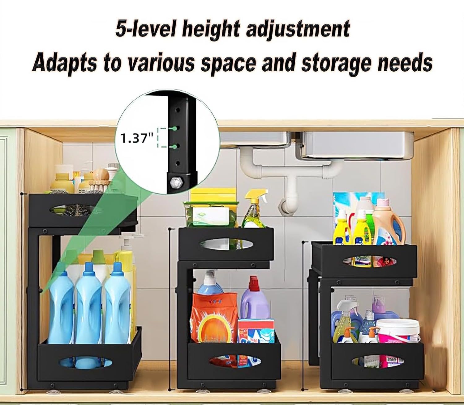 2 Pack Adjustable Height Under Sink Sliding Cabinet Organiser Storage Shelf - Black - Furniture > Bathroom > Bathroom Cabinets, Cupboards & Storage - Rivercity House & Home Co. (ABN 18 642 972 209) - Affordable Modern Furniture Australia