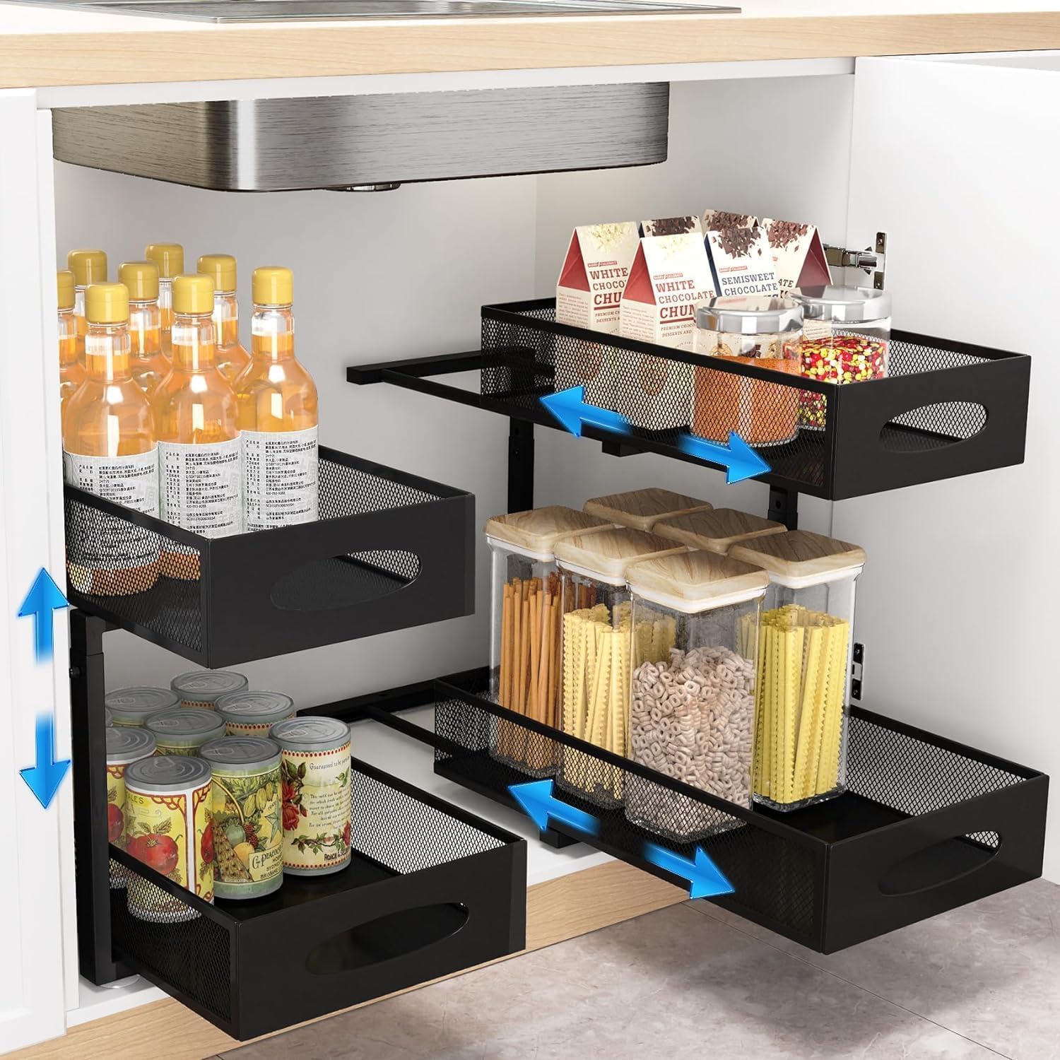 2 Pack Adjustable Height Under Sink Sliding Cabinet Organiser Storage Shelf - Black - Furniture > Bathroom > Bathroom Cabinets, Cupboards & Storage - Rivercity House & Home Co. (ABN 18 642 972 209) - Affordable Modern Furniture Australia