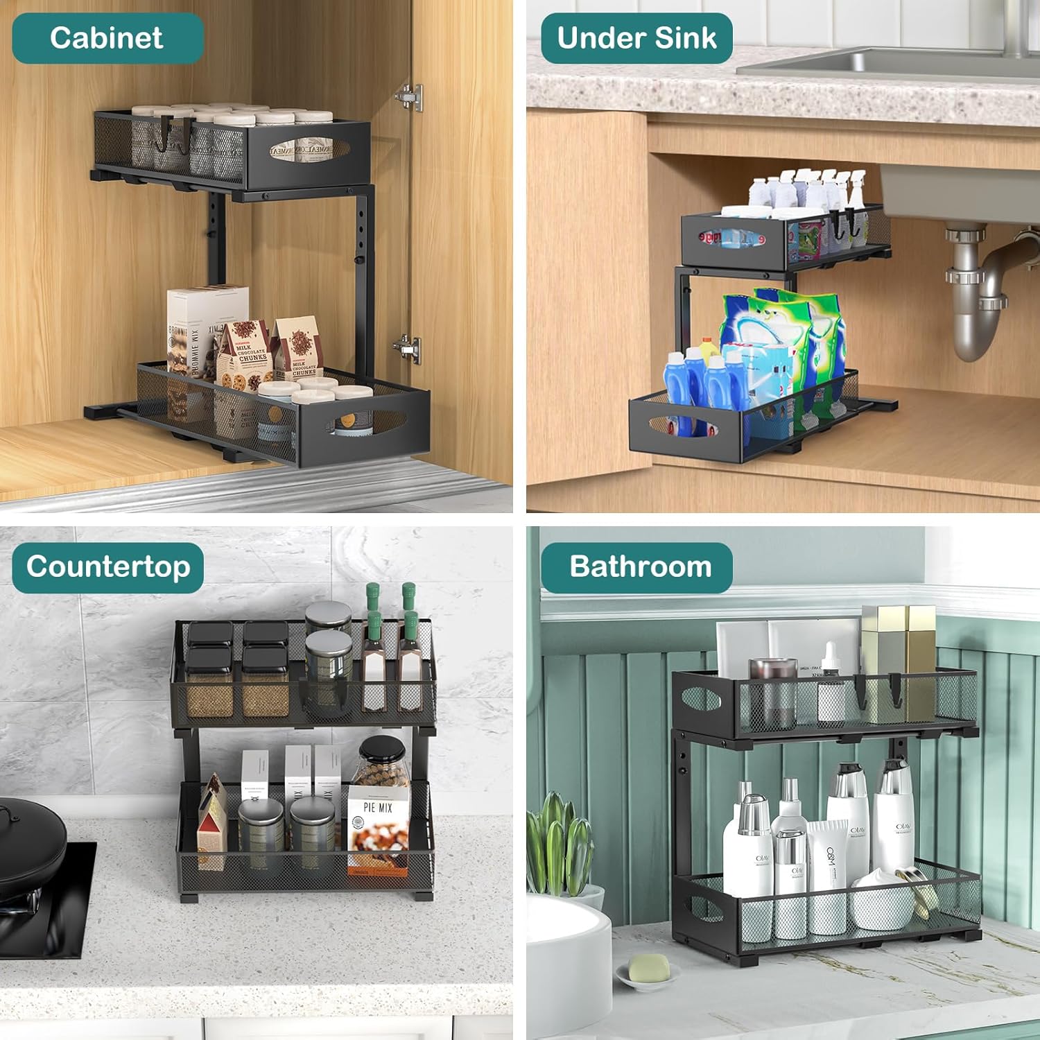 2 Pack Adjustable Height Under Sink Sliding Cabinet Organiser Storage Shelf - Black - Furniture > Bathroom > Bathroom Cabinets, Cupboards & Storage - Rivercity House & Home Co. (ABN 18 642 972 209) - Affordable Modern Furniture Australia