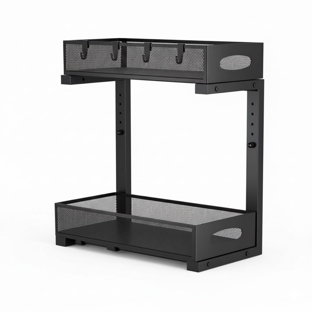 2 Pack Adjustable Height Under Sink Sliding Cabinet Organiser Storage Shelf - Black - Furniture > Bathroom > Bathroom Cabinets, Cupboards & Storage - Rivercity House & Home Co. (ABN 18 642 972 209) - Affordable Modern Furniture Australia