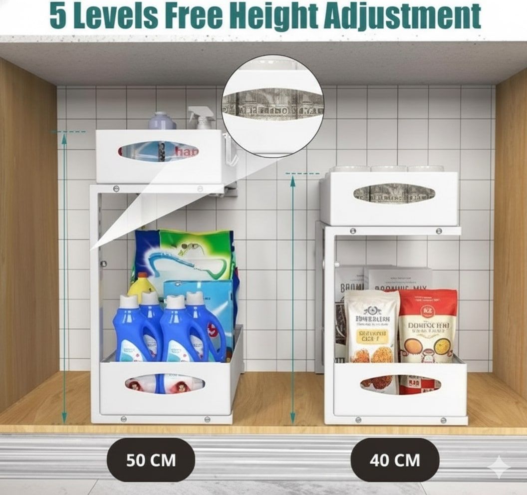 2 Pack Adjustable Height Under Sink Sliding Organiser Cabinet Storage Shelf - White - Furniture > Bathroom > Bathroom Cabinets, Cupboards & Storage - Rivercity House & Home Co. (ABN 18 642 972 209) - Affordable Modern Furniture Australia