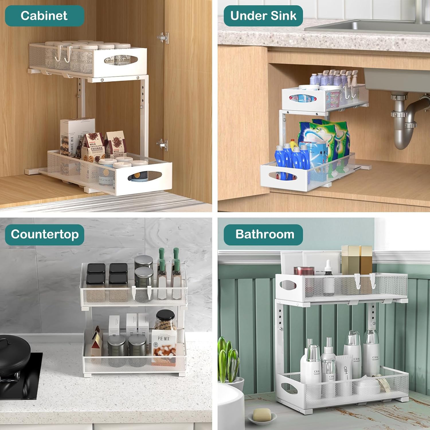 2 Pack Adjustable Height Under Sink Sliding Organiser Cabinet Storage Shelf - White - Furniture > Bathroom > Bathroom Cabinets, Cupboards & Storage - Rivercity House & Home Co. (ABN 18 642 972 209) - Affordable Modern Furniture Australia