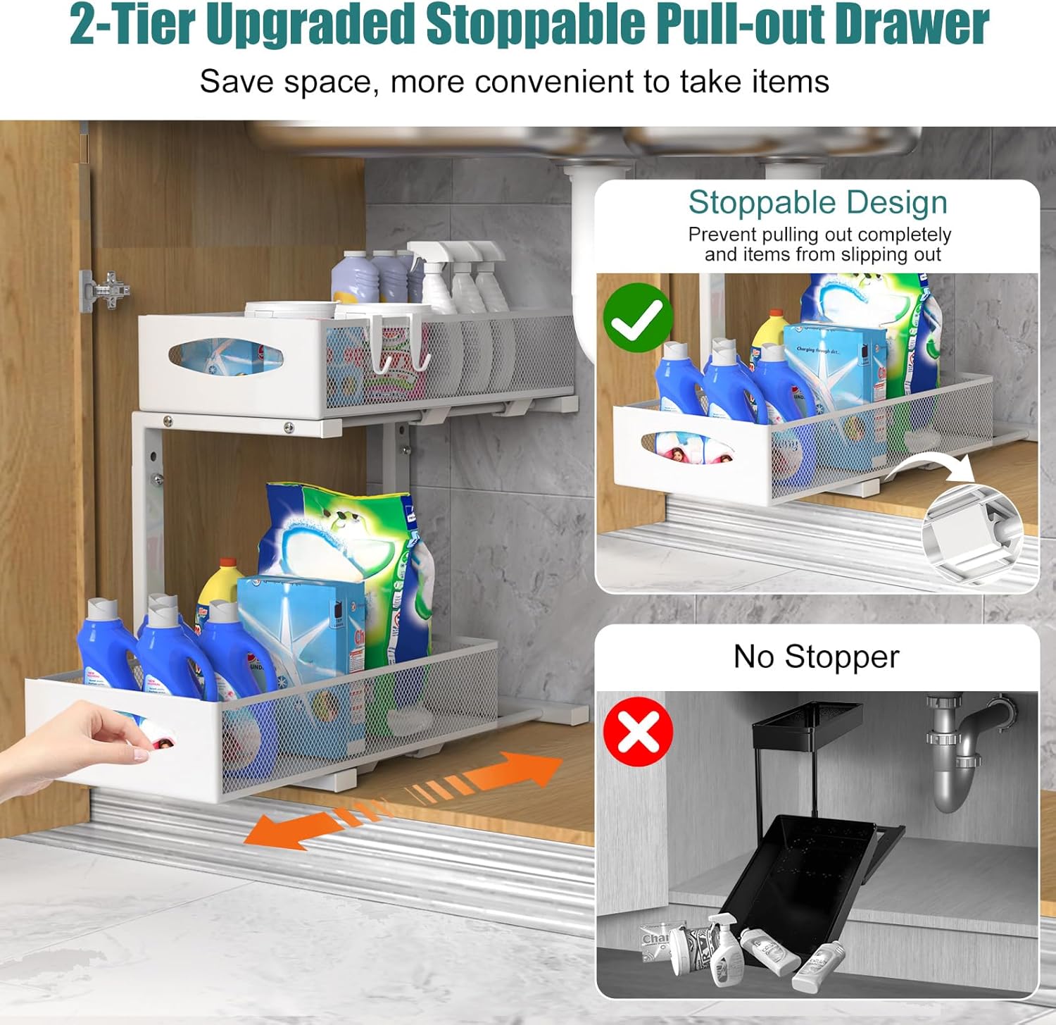 2 Pack Adjustable Height Under Sink Sliding Organiser Cabinet Storage Shelf - White - Furniture > Bathroom > Bathroom Cabinets, Cupboards & Storage - Rivercity House & Home Co. (ABN 18 642 972 209) - Affordable Modern Furniture Australia