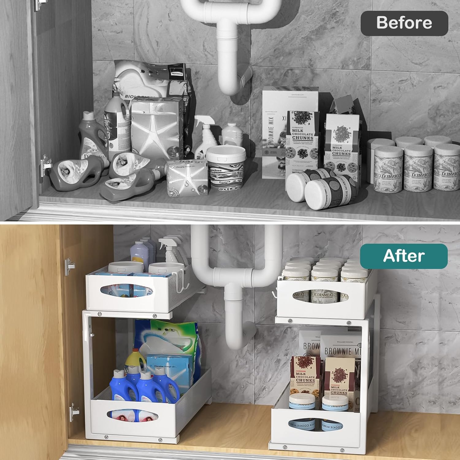 2 Pack Adjustable Height Under Sink Sliding Organiser Cabinet Storage Shelf - White - Furniture > Bathroom > Bathroom Cabinets, Cupboards & Storage - Rivercity House & Home Co. (ABN 18 642 972 209) - Affordable Modern Furniture Australia
