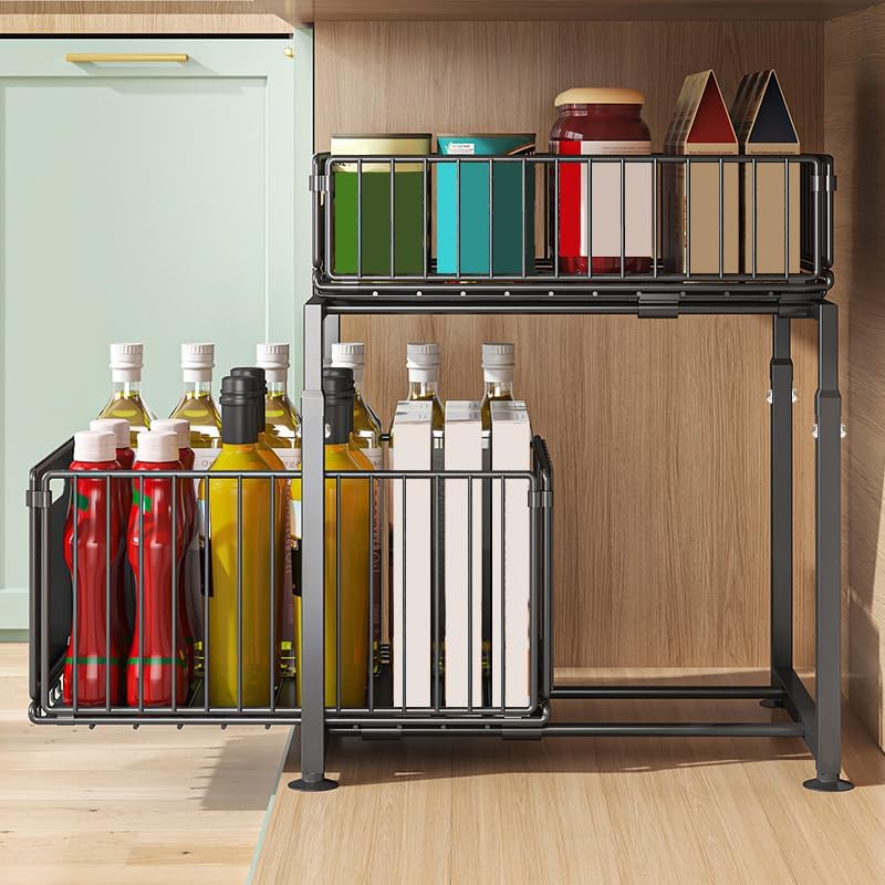 2 - Pack Height Adjustable Under Sink Organiser with Sliding Drawers for Kitchen & Bathroom Cabinet - Metal - Furniture > Bathroom > Tap & Sink Accessories - Rivercity House & Home Co. (ABN 18 642 972 209) - Affordable Modern Furniture Australia