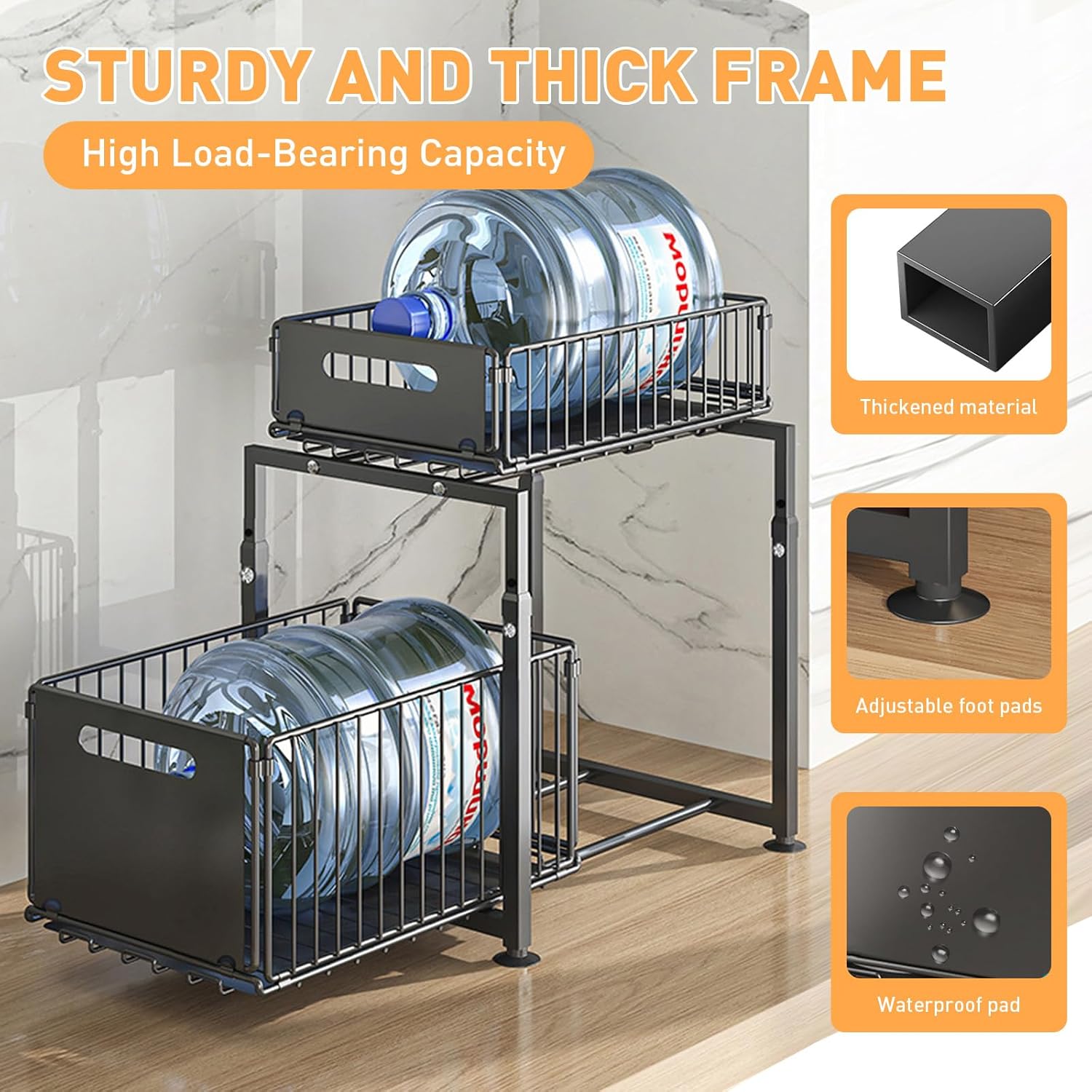2 - Pack Height Adjustable Under Sink Organiser with Sliding Drawers for Kitchen & Bathroom Cabinet - Metal - Furniture > Bathroom > Tap & Sink Accessories - Rivercity House & Home Co. (ABN 18 642 972 209) - Affordable Modern Furniture Australia
