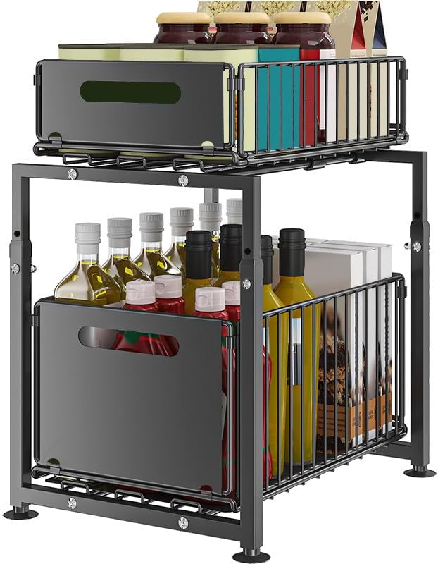 2 - Pack Height Adjustable Under Sink Organiser with Sliding Drawers for Kitchen & Bathroom Cabinet - Metal - Furniture > Bathroom > Tap & Sink Accessories - Rivercity House & Home Co. (ABN 18 642 972 209) - Affordable Modern Furniture Australia