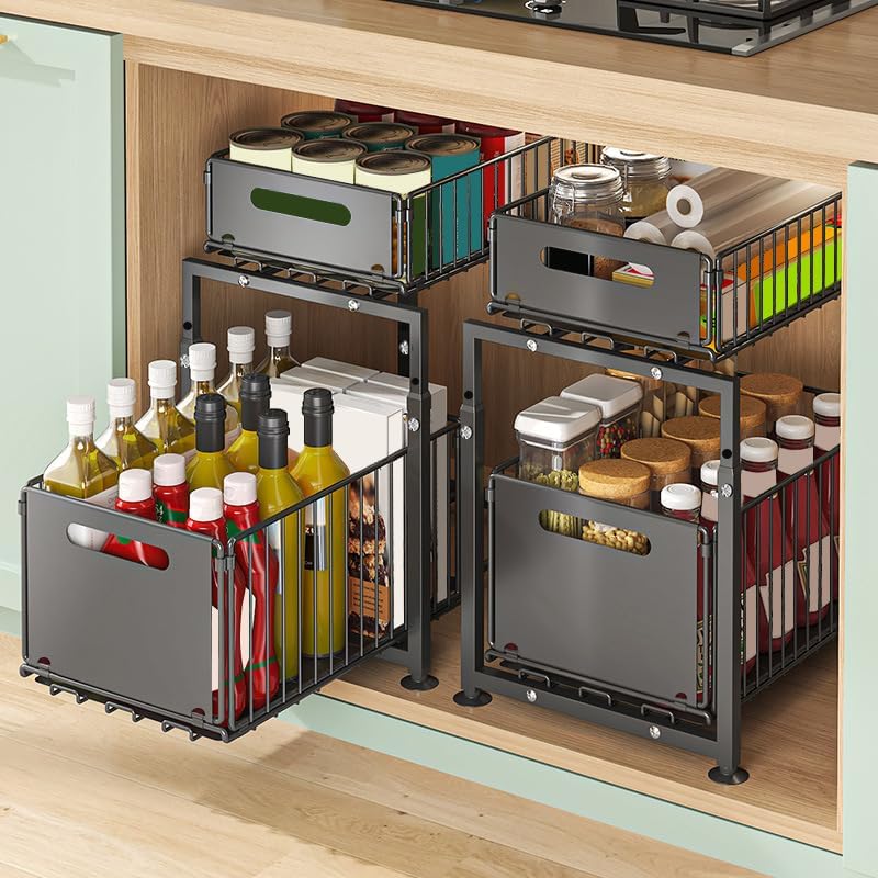 2 - Pack Height Adjustable Under Sink Organiser with Sliding Drawers for Kitchen & Bathroom Cabinet - Metal - Furniture > Bathroom > Tap & Sink Accessories - Rivercity House & Home Co. (ABN 18 642 972 209) - Affordable Modern Furniture Australia