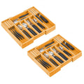 2 Pack Large Capacity Bamboo Expandable Drawer Organiser with Knife Block Holder for Kitchen Utensils - Natural