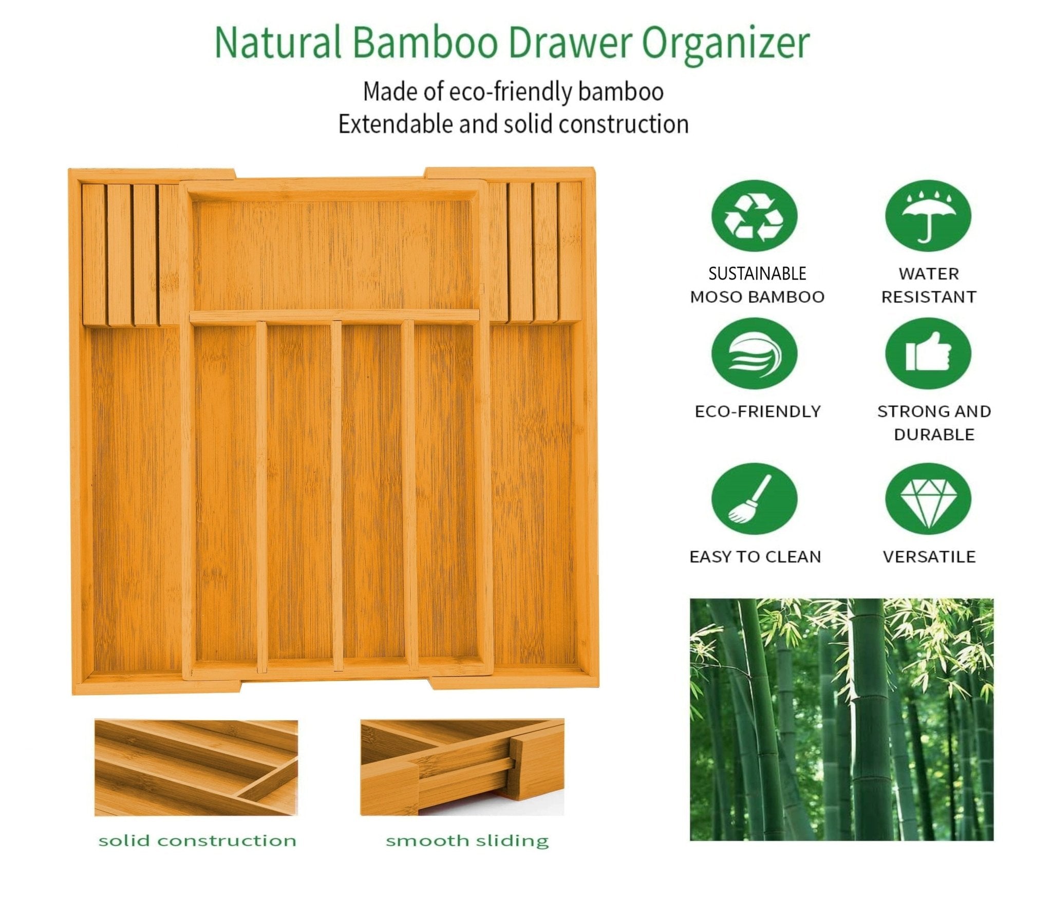 2 Pack Large Capacity Bamboo Expandable Drawer Organizer with Knife Block Holder for Home Kitchen Utensils - Home & Garden > Kitchenware > Kitchen Utensils - Rivercity House & Home Co. (ABN 18 642 972 209) - Affordable Modern Furniture Australia