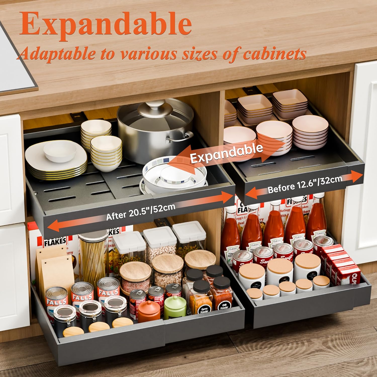 2 Pack Pull Out Cabinet Organizer Expandable for Cabinets with Adjustable Slide Out Shelves and Easy Installation (Grey) - Home & Garden > Home Office Accessories > Desk Accessories - Rivercity House & Home Co. (ABN 18 642 972 209) - Affordable Modern Furniture Australia