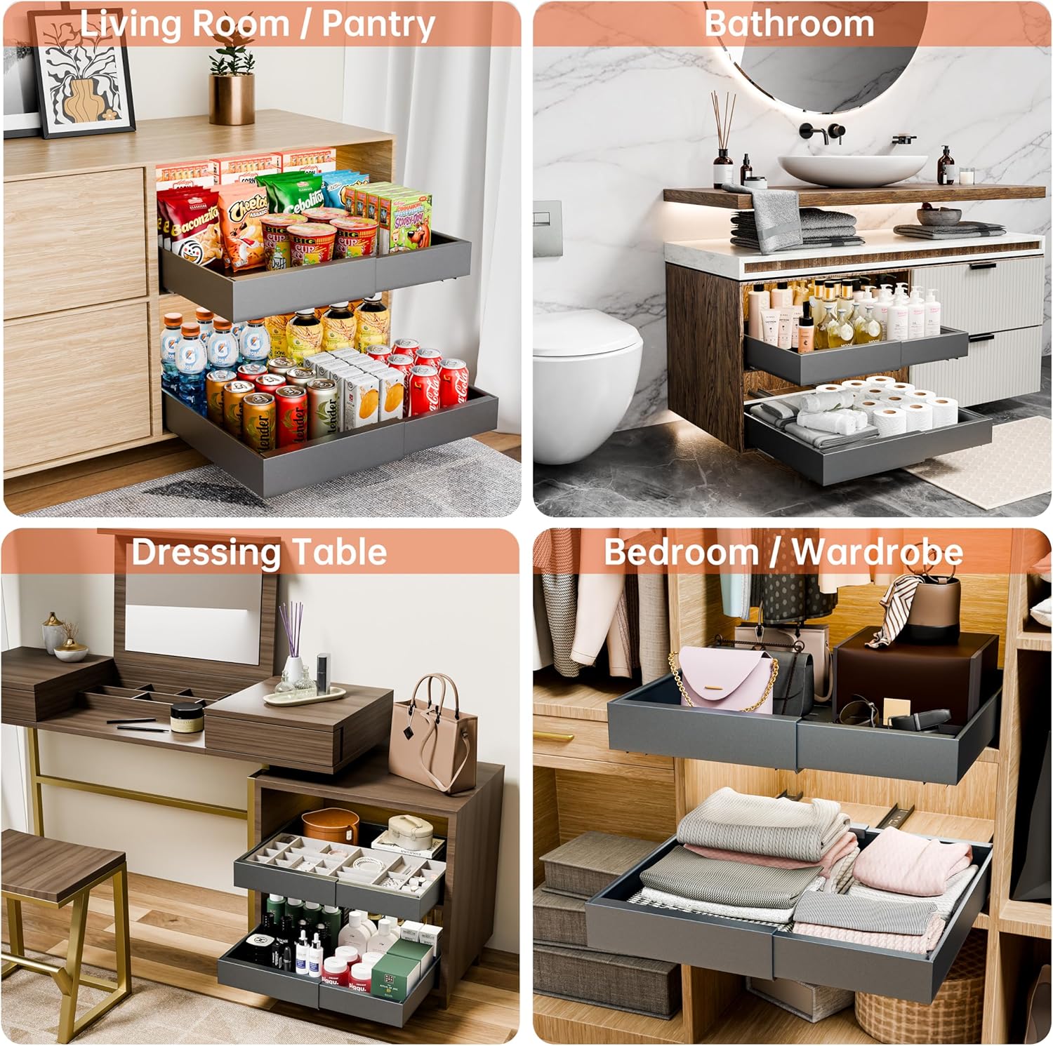 2 Pack Pull Out Cabinet Organizer Expandable for Cabinets with Adjustable Slide Out Shelves and Easy Installation (Grey) - Home & Garden > Home Office Accessories > Desk Accessories - Rivercity House & Home Co. (ABN 18 642 972 209) - Affordable Modern Furniture Australia