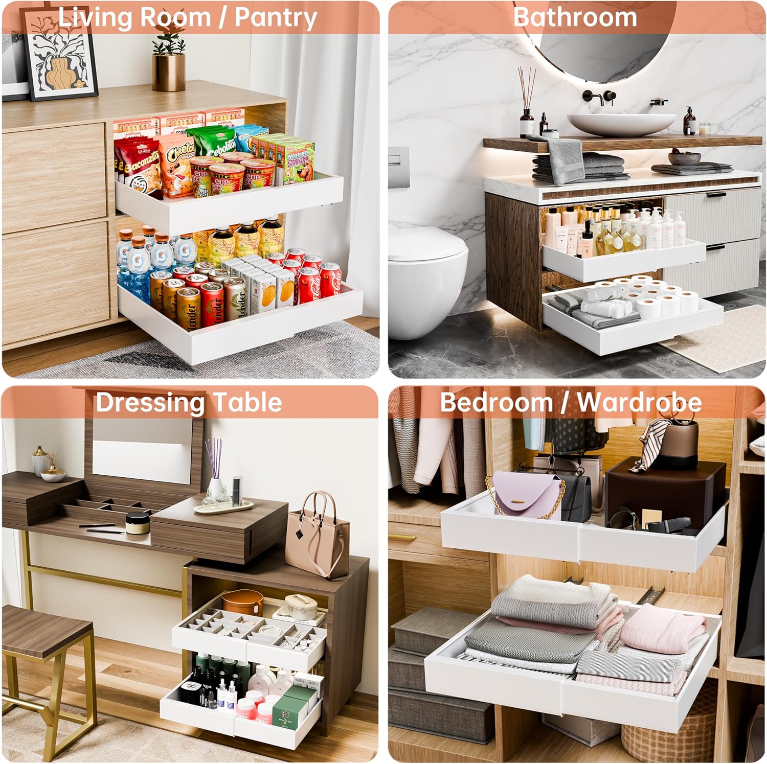 2 Pack Pull Out Cabinet Organizer Expandable for Cabinets with Adjustable Slide Out Shelves and Easy Installation (White) - Home & Garden > DIY > Kitchen & Bathroom DIY - Rivercity House & Home Co. (ABN 18 642 972 209) - Affordable Modern Furniture Australia