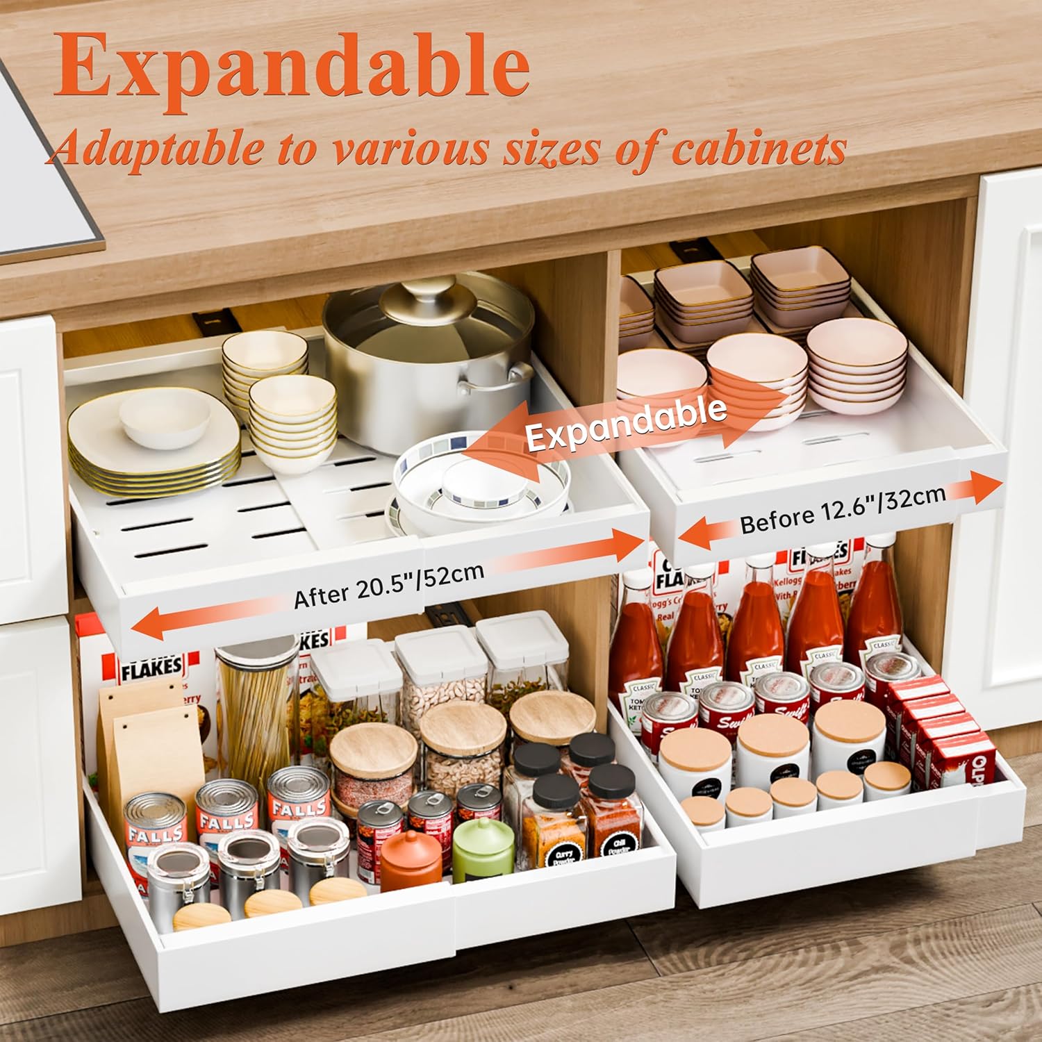 2 Pack Pull Out Cabinet Organizer Expandable for Cabinets with Adjustable Slide Out Shelves and Easy Installation (White) - Home & Garden > DIY > Kitchen & Bathroom DIY - Rivercity House & Home Co. (ABN 18 642 972 209) - Affordable Modern Furniture Australia