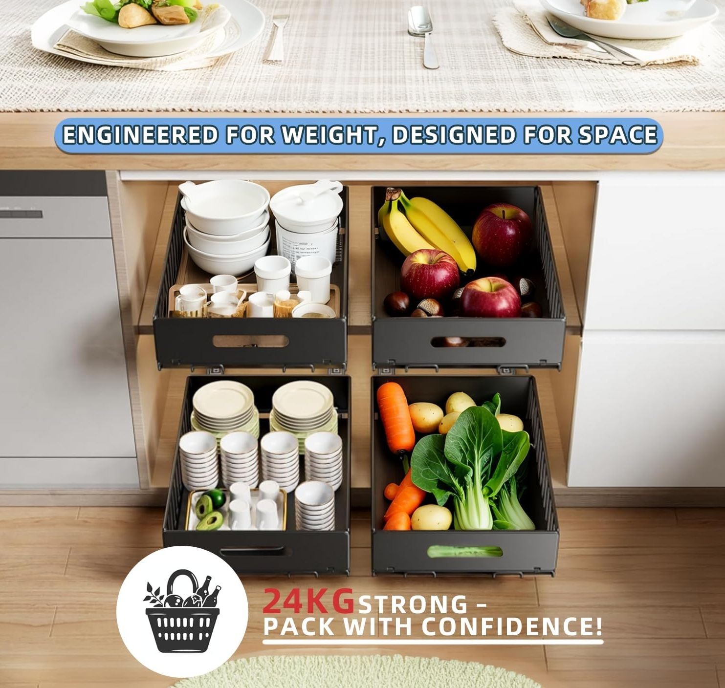 2 Pack Pullout Cabinet Organiser Drawers with No - Drill Adhesive Installation for Pantry & Cabinets - Home & Garden > Kitchen Bins > Pull Out Bins - Rivercity House & Home Co. (ABN 18 642 972 209) - Affordable Modern Furniture Australia