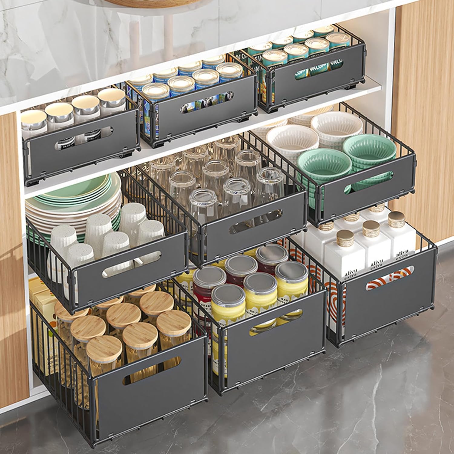 2 Pack Pullout Cabinet Organiser Drawers with No - Drill Adhesive Installation for Pantry & Cabinets - Home & Garden > Kitchen Bins > Pull Out Bins - Rivercity House & Home Co. (ABN 18 642 972 209) - Affordable Modern Furniture Australia
