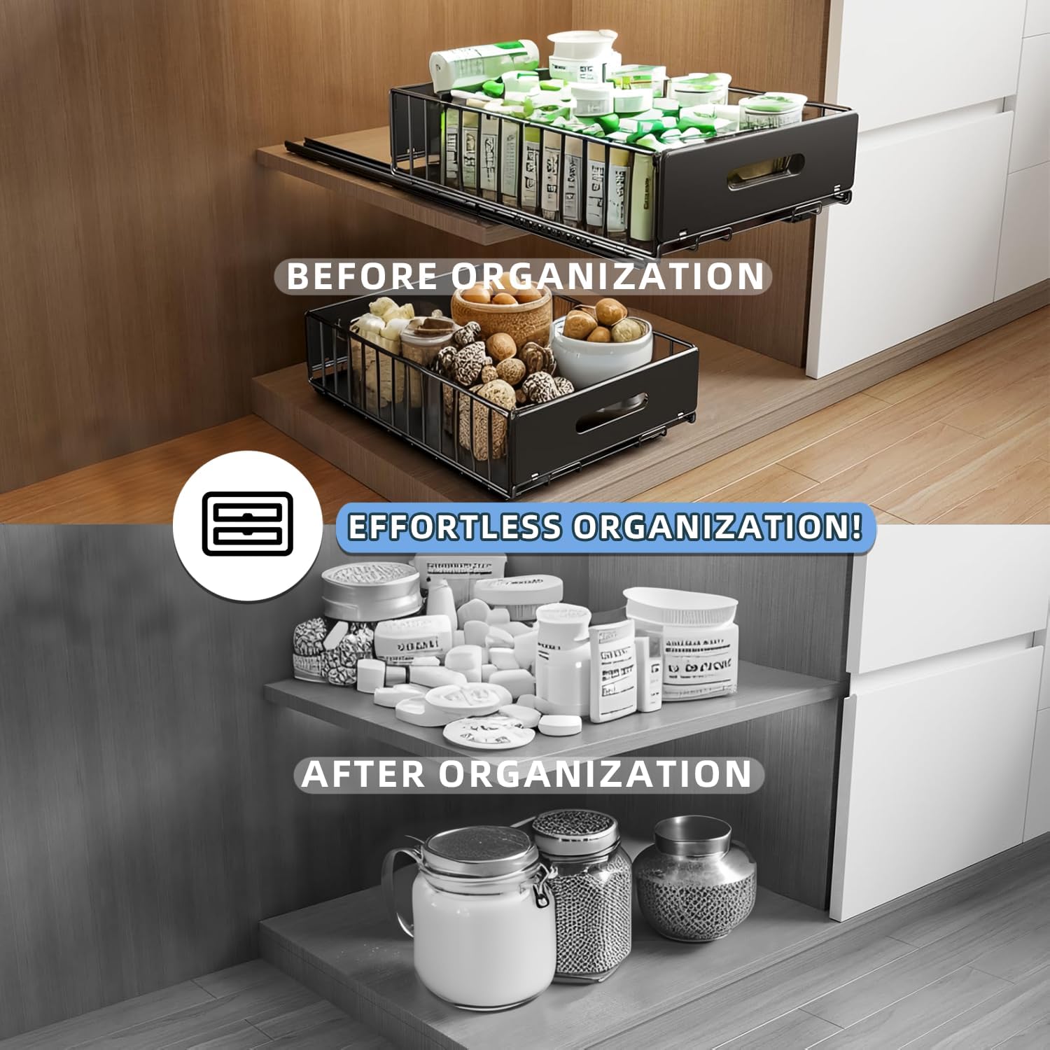 2 Pack Pullout Cabinet Organiser Drawers with No - Drill Adhesive Installation for Pantry & Cabinets - Home & Garden > Kitchen Bins > Pull Out Bins - Rivercity House & Home Co. (ABN 18 642 972 209) - Affordable Modern Furniture Australia
