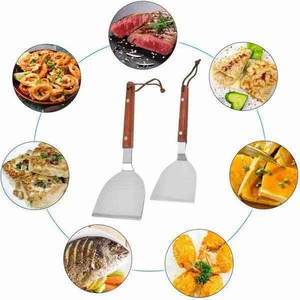 2 Pack Stainless Steel BBQ Grill Spatula Set with Wooden Handles for Teppanyaki and Griddle Cooking - Home & Garden > BBQ > BBQ Tools - Rivercity House & Home Co. (ABN 18 642 972 209) - Affordable Modern Furniture Australia