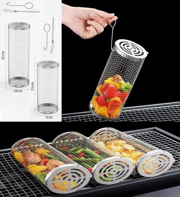 2 Pack Stainless Steel Rolling Grill Baskets with Hooks and Forks 31 cm & 21 cm - Silver - Home & Garden > BBQ > BBQs & Accessories - Rivercity House & Home Co. (ABN 18 642 972 209) - Affordable Modern Furniture Australia