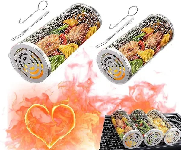 2 Pack Stainless Steel Rolling Grill Baskets with Hooks and Forks 31 cm & 21 cm - Silver - Home & Garden > BBQ > BBQs & Accessories - Rivercity House & Home Co. (ABN 18 642 972 209) - Affordable Modern Furniture Australia