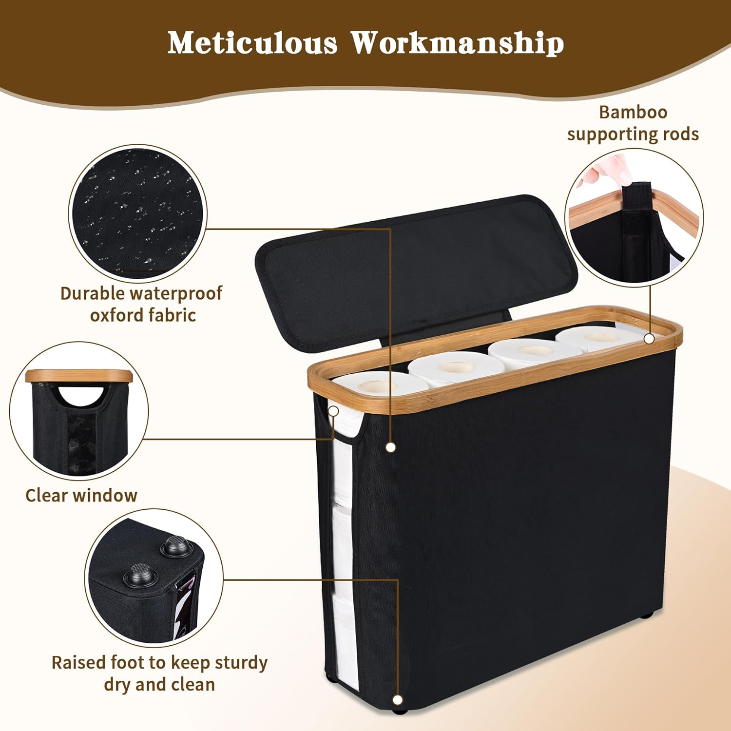 2 pack Toilet Paper Storage Basket Holds Up to 12 Rolls with Bamboo Lid and Handle for RV Closet (Black) - Home & Garden > DIY > Kitchen & Bathroom DIY - Rivercity House & Home Co. (ABN 18 642 972 209) - Affordable Modern Furniture Australia