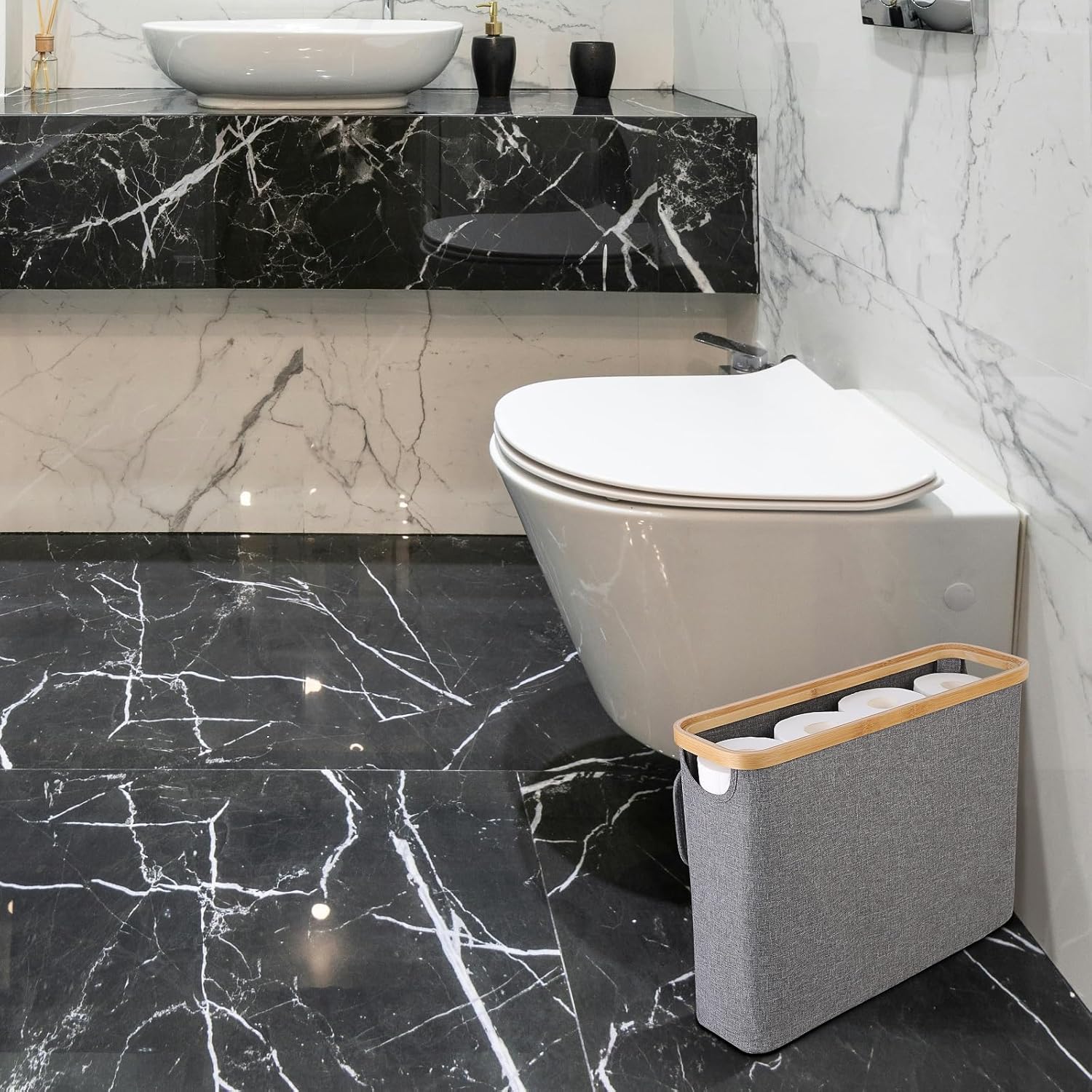 2 pack Toilet Paper Storage Basket Holds Up to 12 Rolls with Bamboo Lid and Handle for RV Closet (Grey) - Home & Garden > DIY > Kitchen & Bathroom DIY - Rivercity House & Home Co. (ABN 18 642 972 209) - Affordable Modern Furniture Australia