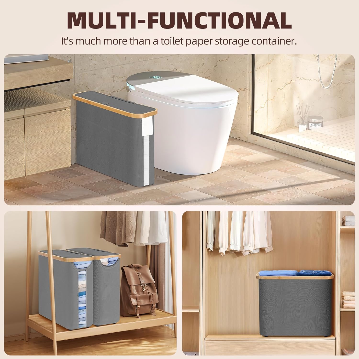 2 pack Toilet Paper Storage Basket Holds Up to 12 Rolls with Bamboo Lid and Handle for RV Closet (Grey) - Home & Garden > DIY > Kitchen & Bathroom DIY - Rivercity House & Home Co. (ABN 18 642 972 209) - Affordable Modern Furniture Australia