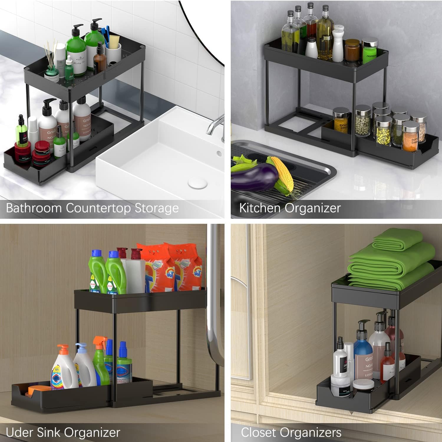 2 Pack Under Sink Organiser with Pull - Out Basket and Hooks for Bathroom & Kitchen - White - Furniture > Bathroom > Tap & Sink Accessories - Rivercity House & Home Co. (ABN 18 642 972 209) - Affordable Modern Furniture Australia