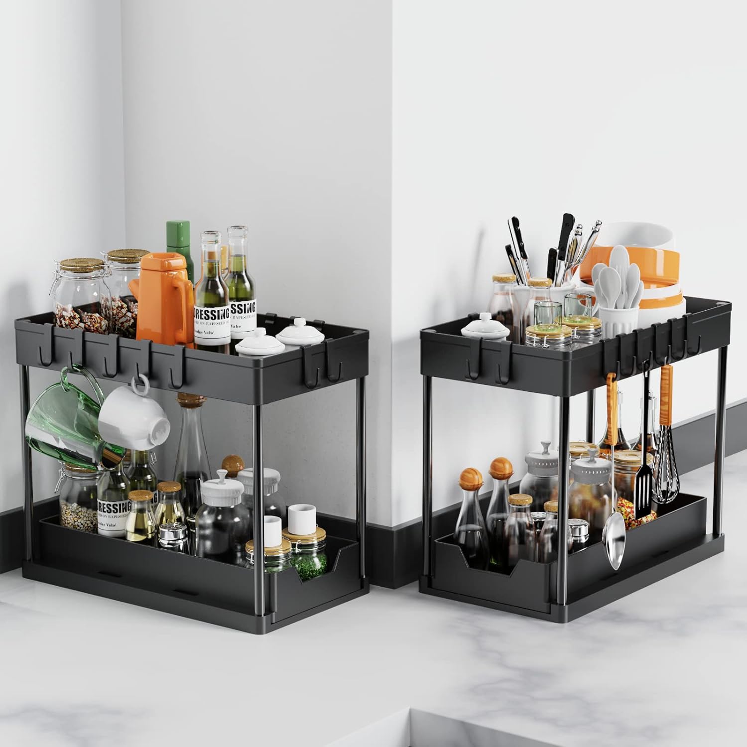 2 Pack Under Sink Organiser with Pull - Out Basket and Hooks for Bathroom & Kitchen - White - Furniture > Bathroom > Tap & Sink Accessories - Rivercity House & Home Co. (ABN 18 642 972 209) - Affordable Modern Furniture Australia