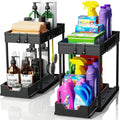 2 Pack Under Sink Organiser with Pull-Out Basket and Hooks for Bathroom & Kitchen - White