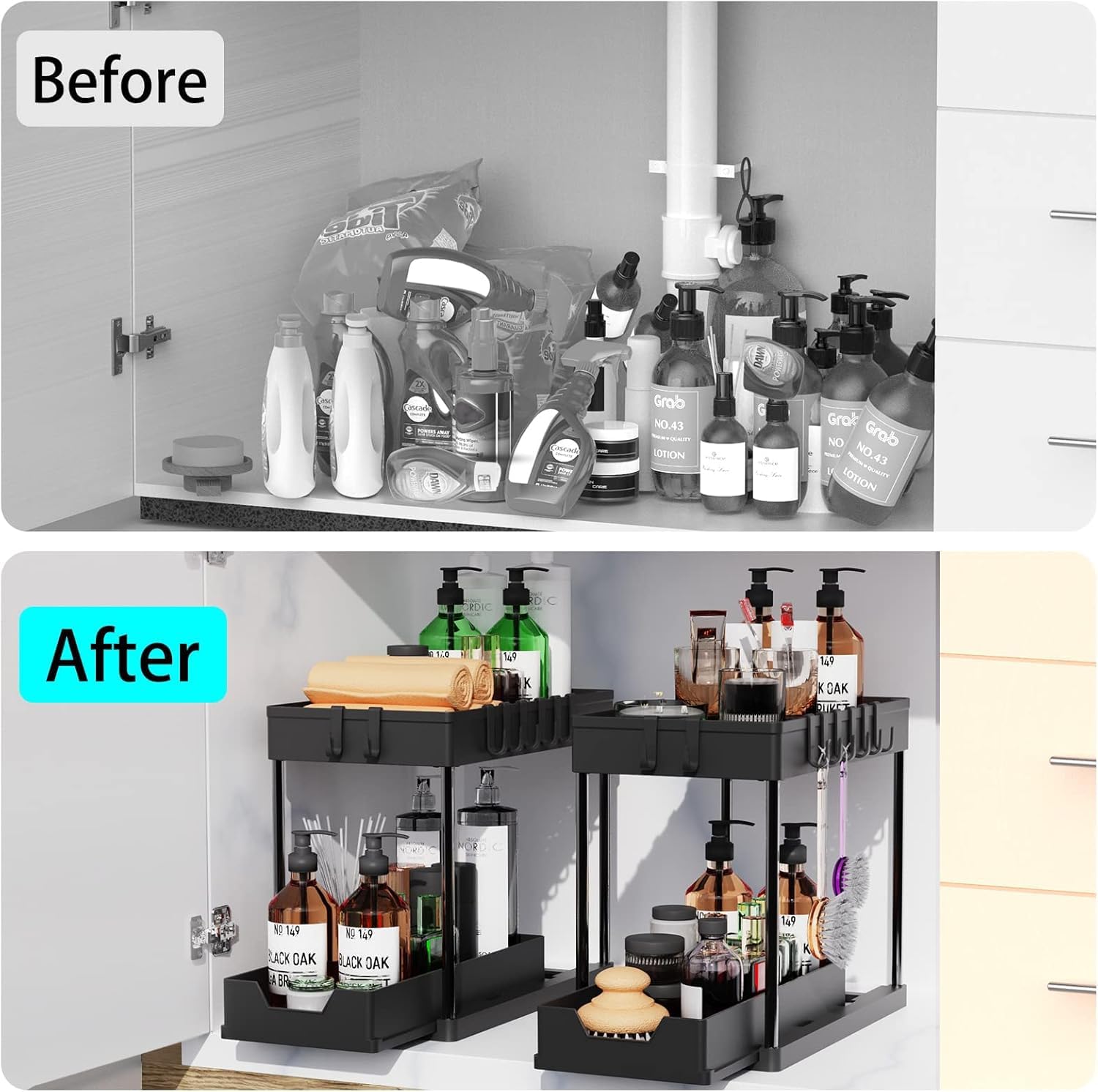 2 Pack Under Sink Organiser with Pull - Out Basket and Hooks for Bathroom & Kitchen - White - Furniture > Bathroom > Tap & Sink Accessories - Rivercity House & Home Co. (ABN 18 642 972 209) - Affordable Modern Furniture Australia