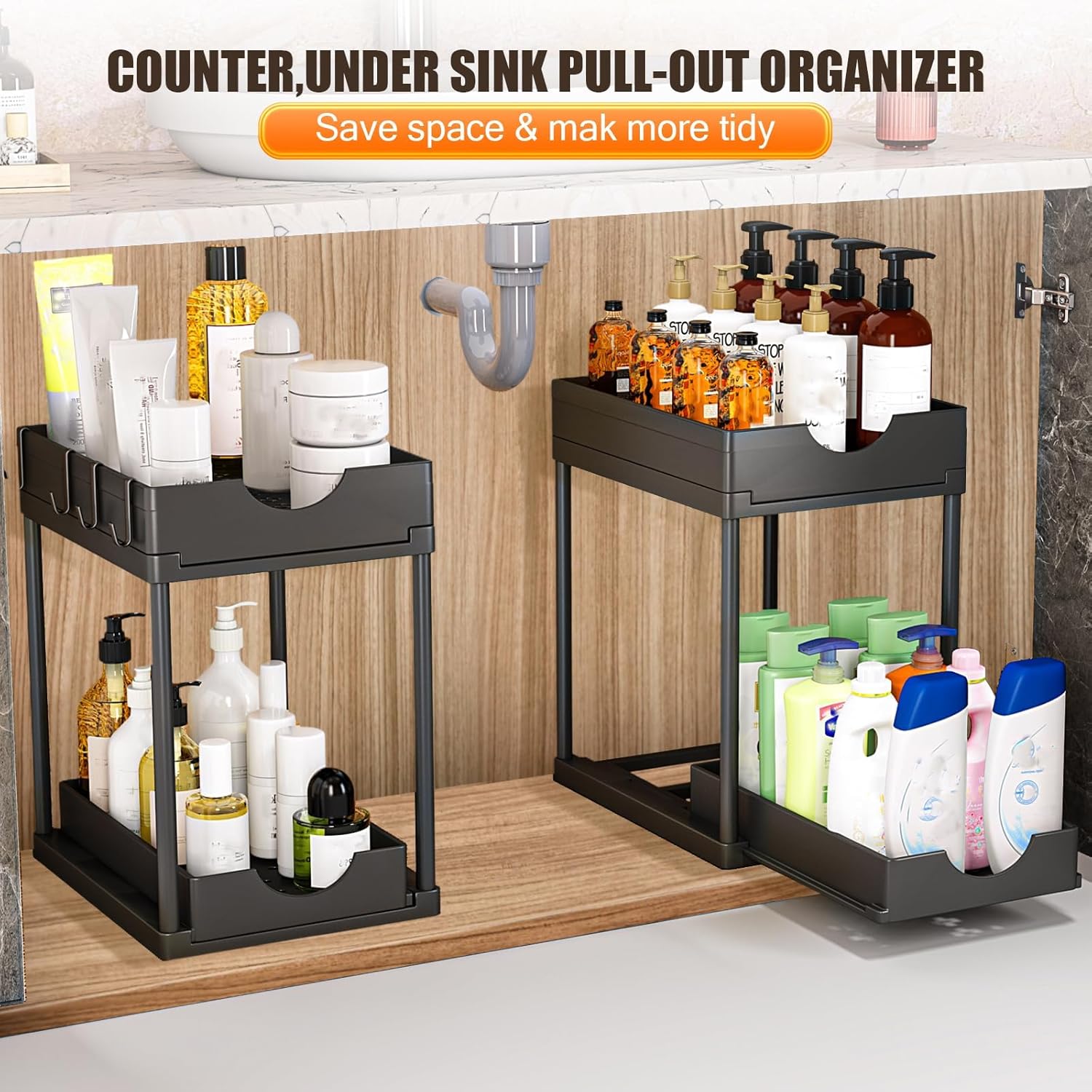 2 Pack Under Sink Organiser with Pull - Out Basket and Hooks for Bathroom & Kitchen - White - Furniture > Bathroom > Tap & Sink Accessories - Rivercity House & Home Co. (ABN 18 642 972 209) - Affordable Modern Furniture Australia