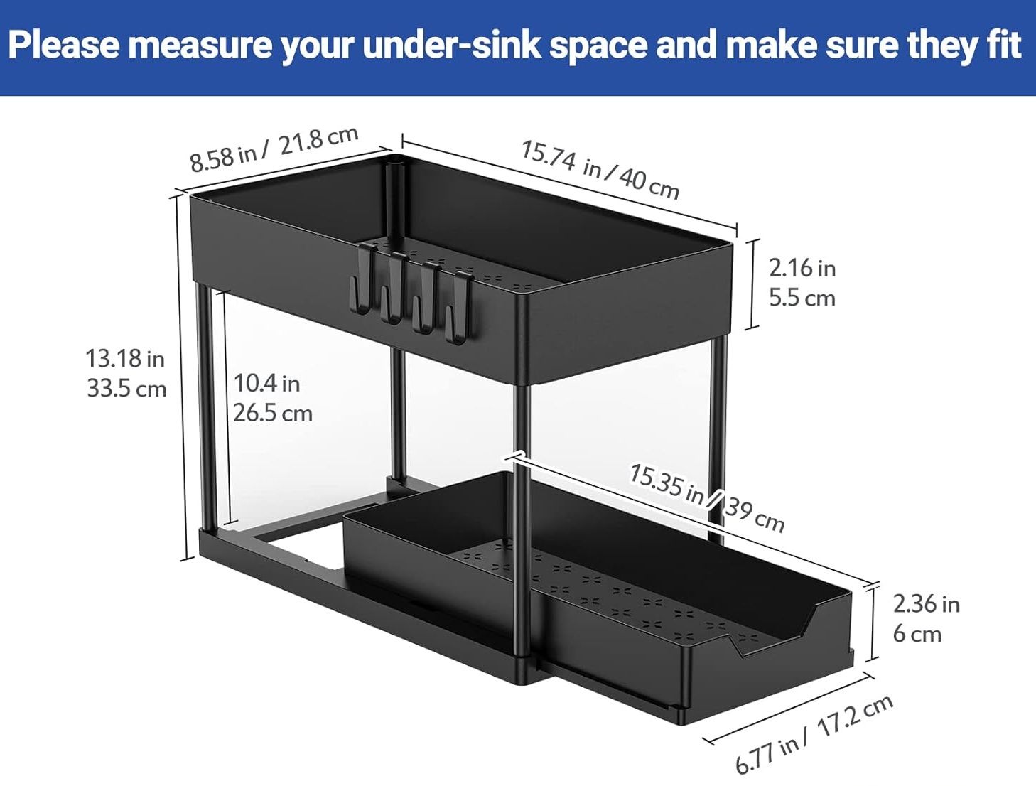 2 Pack Under Sink Organiser with Pull - Out Basket and Hooks for Bathroom & Kitchen - White - Furniture > Bathroom > Tap & Sink Accessories - Rivercity House & Home Co. (ABN 18 642 972 209) - Affordable Modern Furniture Australia