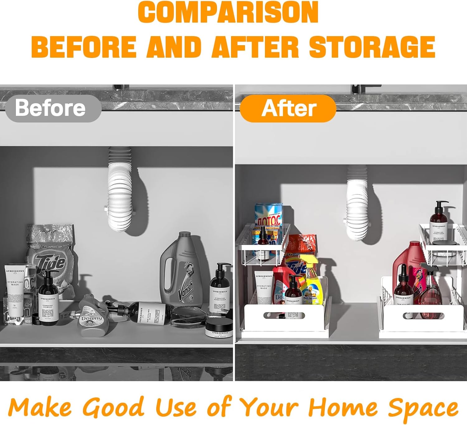 2 Pack Under Sink Organiser with Sliding Drawers 2 - Tier for Kitchen & Bathroom - Metal - Furniture > Bathroom > Tap & Sink Accessories - Rivercity House & Home Co. (ABN 18 642 972 209) - Affordable Modern Furniture Australia