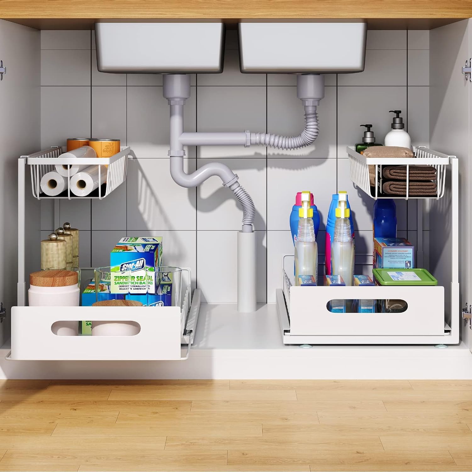 2 Pack Under Sink Organiser with Sliding Drawers 2 - Tier for Kitchen & Bathroom - Metal - Furniture > Bathroom > Tap & Sink Accessories - Rivercity House & Home Co. (ABN 18 642 972 209) - Affordable Modern Furniture Australia