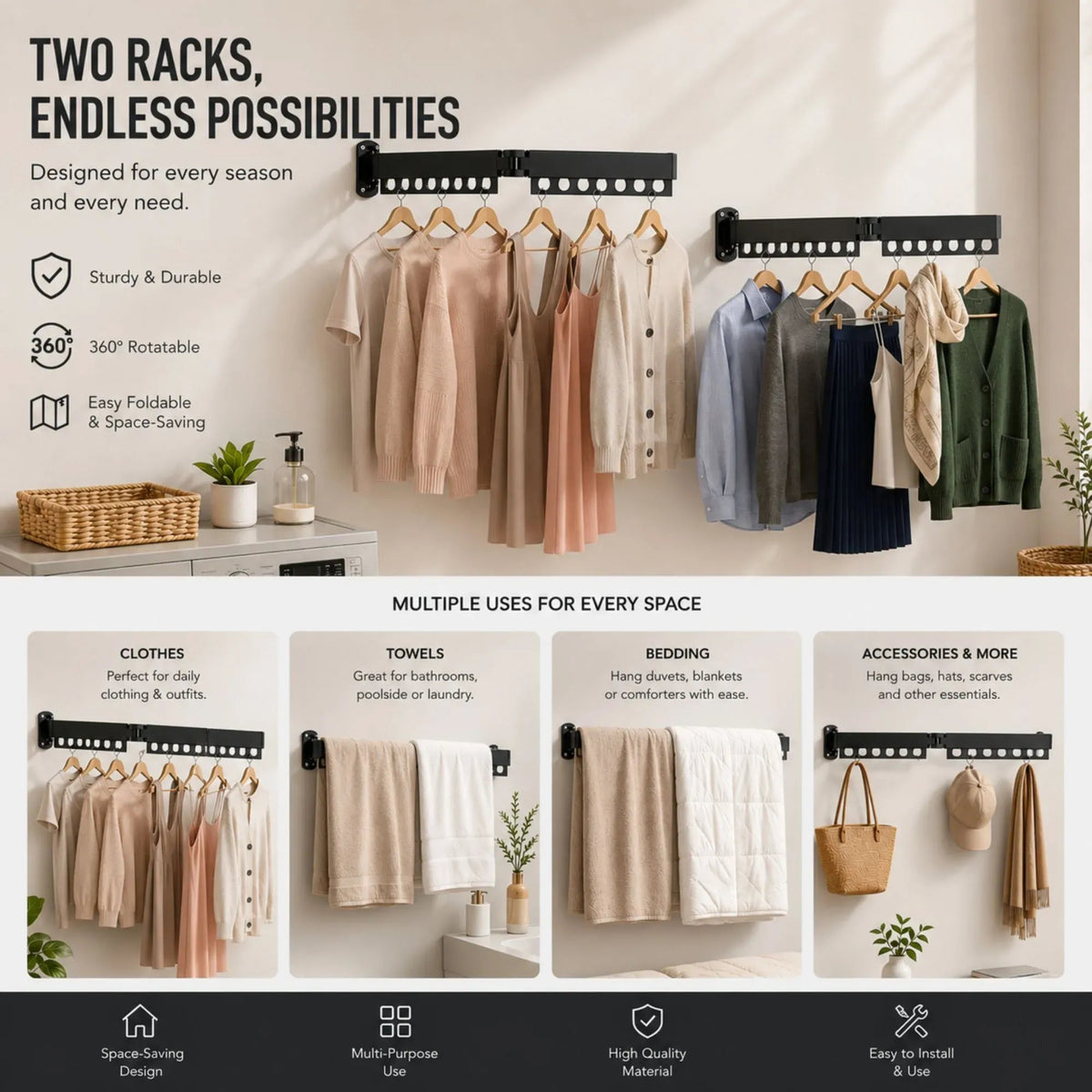 2-Pack Wall Mounted Tri-Fold Clothes Drying Rack - White - Home & Garden > Storage > Clothing & Wardrobe Storage - Rivercity House & Home Co. (ABN 18 642 972 209) - Affordable Modern Furniture Australia