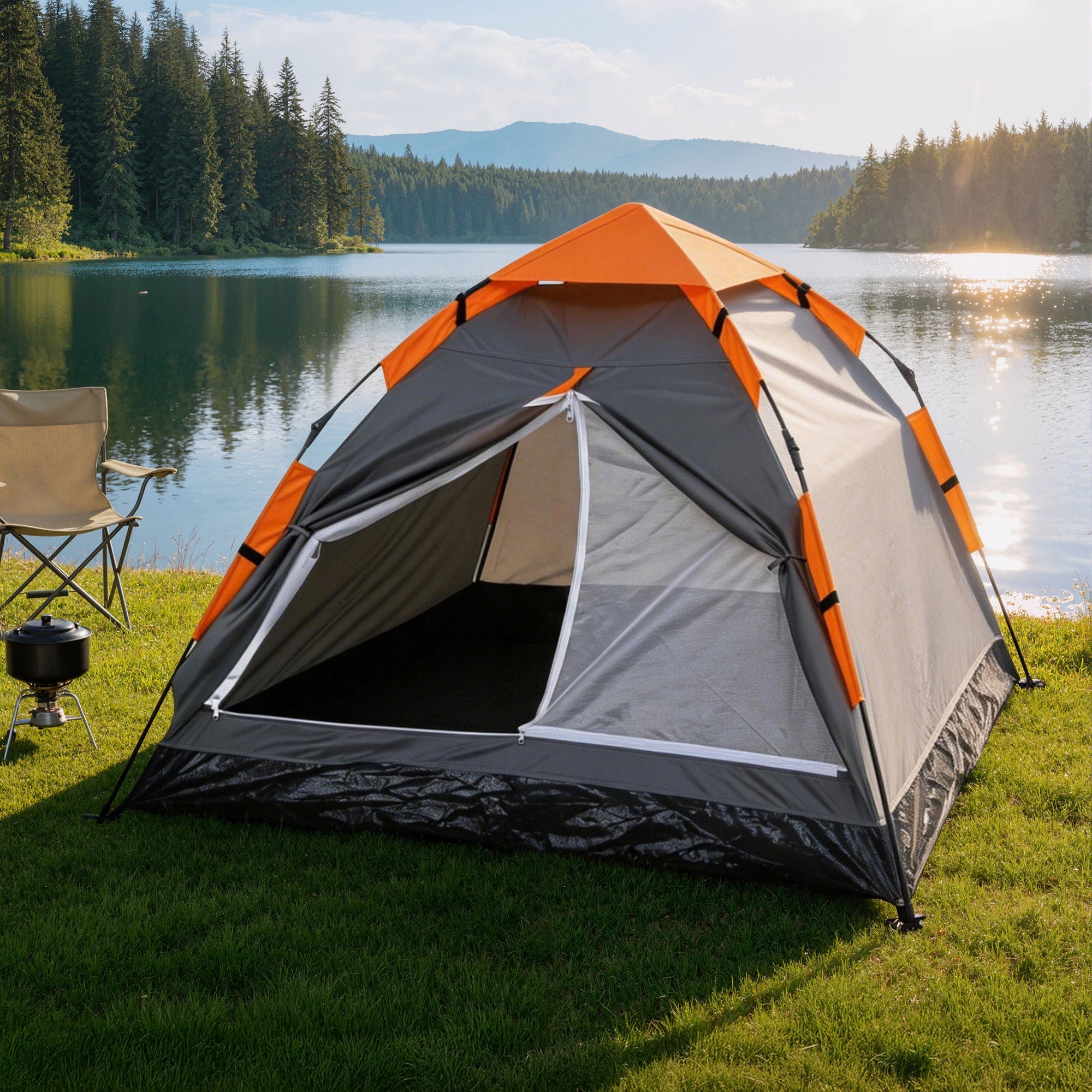 2 Person Instant Pop Up Camping Tent Waterproof for Hiking & Beach - Grey & Orange - Outdoor Recreation > Camping > Tents - Rivercity House & Home Co. (ABN 18 642 972 209) - Affordable Modern Furniture Australia