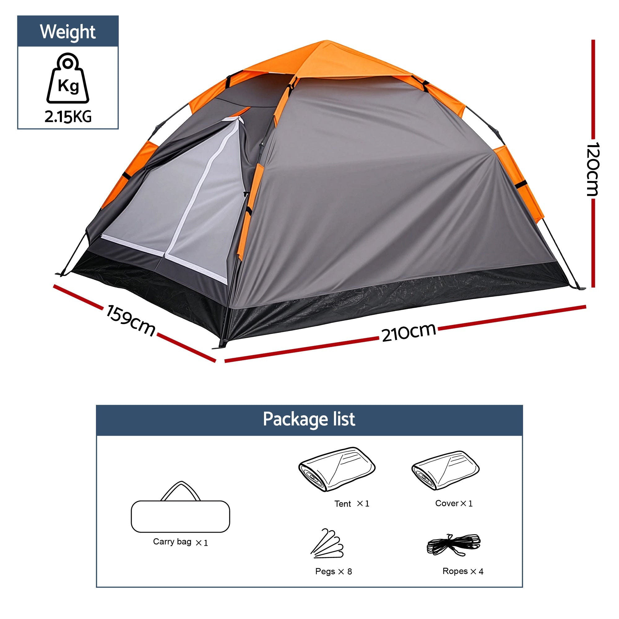 2 Person Instant Pop Up Camping Tent Waterproof for Hiking & Beach - Grey & Orange - Outdoor Recreation > Camping > Tents - Rivercity House & Home Co. (ABN 18 642 972 209) - Affordable Modern Furniture Australia