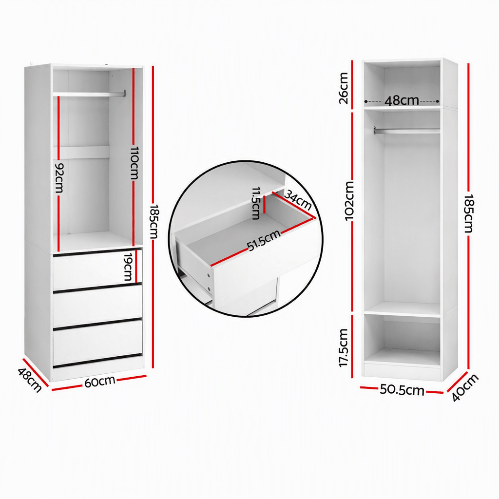 2-Piece Wardrobe Closet with Drawers, Shelves & Hanging Rails - White - Home & Garden > Storage > Clothing & Wardrobe Storage - Rivercity House & Home Co. (ABN 18 642 972 209) - Affordable Modern Furniture Australia