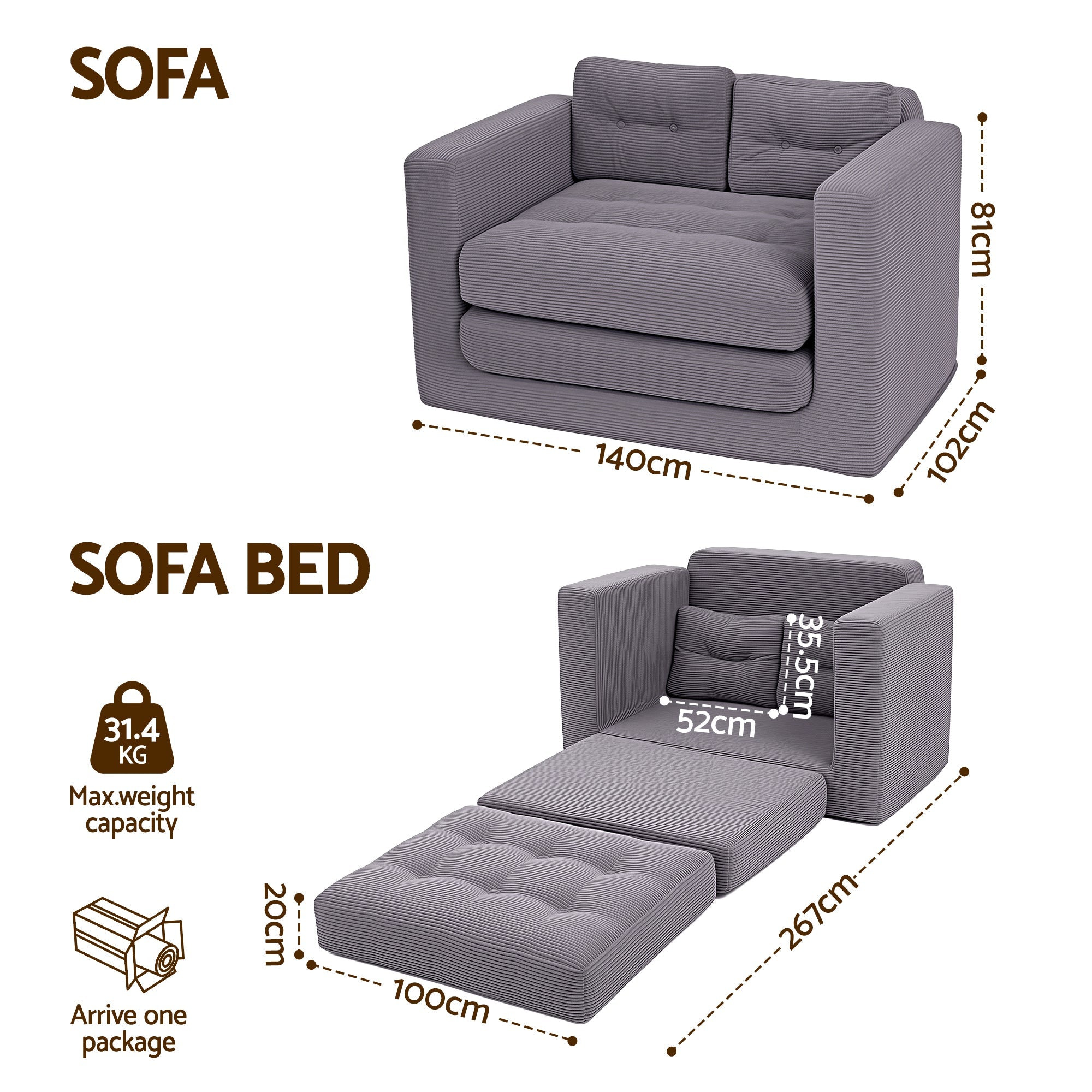 2 Seater Corduroy Convertible Sofa Bed Pull Out Boneless Couch Grey - Furniture > Sofas > Sofas & Sofa Beds - Rivercity House & Home Co. (ABN 18 642 972 209) - Affordable Modern Furniture Australia