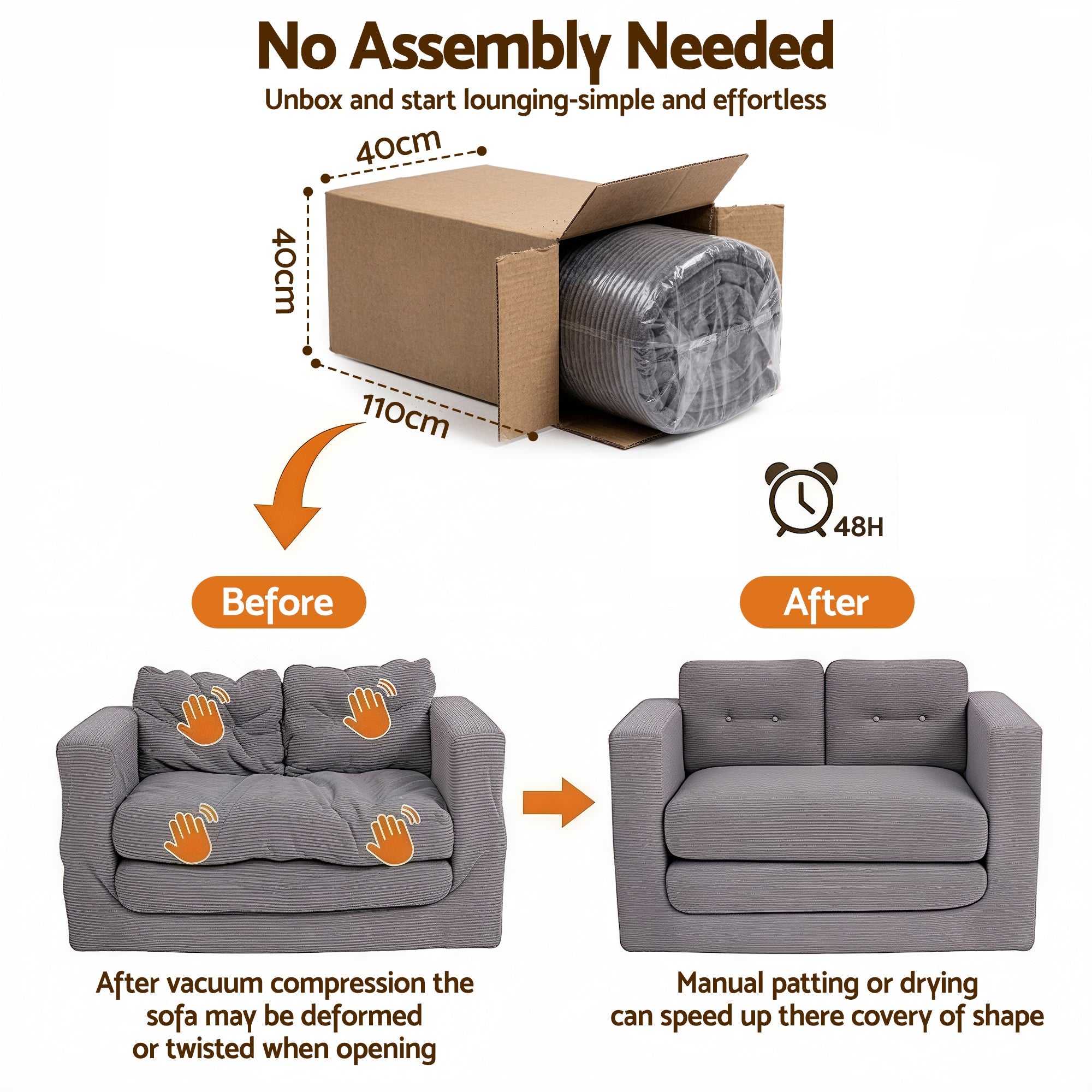 2 Seater Corduroy Convertible Sofa Bed Pull Out Boneless Couch Grey - Furniture > Sofas > Sofas & Sofa Beds - Rivercity House & Home Co. (ABN 18 642 972 209) - Affordable Modern Furniture Australia