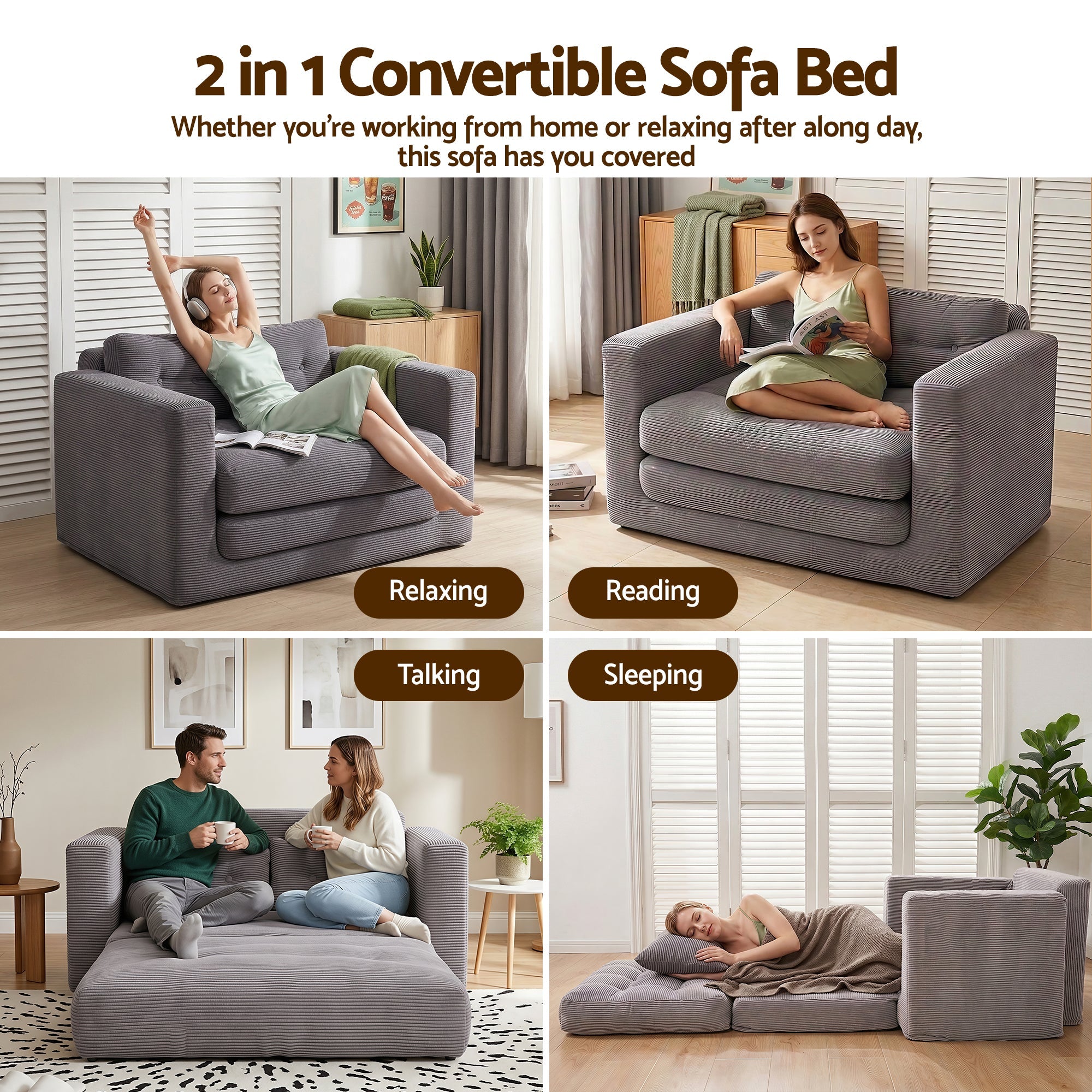 2 Seater Corduroy Convertible Sofa Bed Pull Out Boneless Couch Grey - Furniture > Sofas > Sofas & Sofa Beds - Rivercity House & Home Co. (ABN 18 642 972 209) - Affordable Modern Furniture Australia
