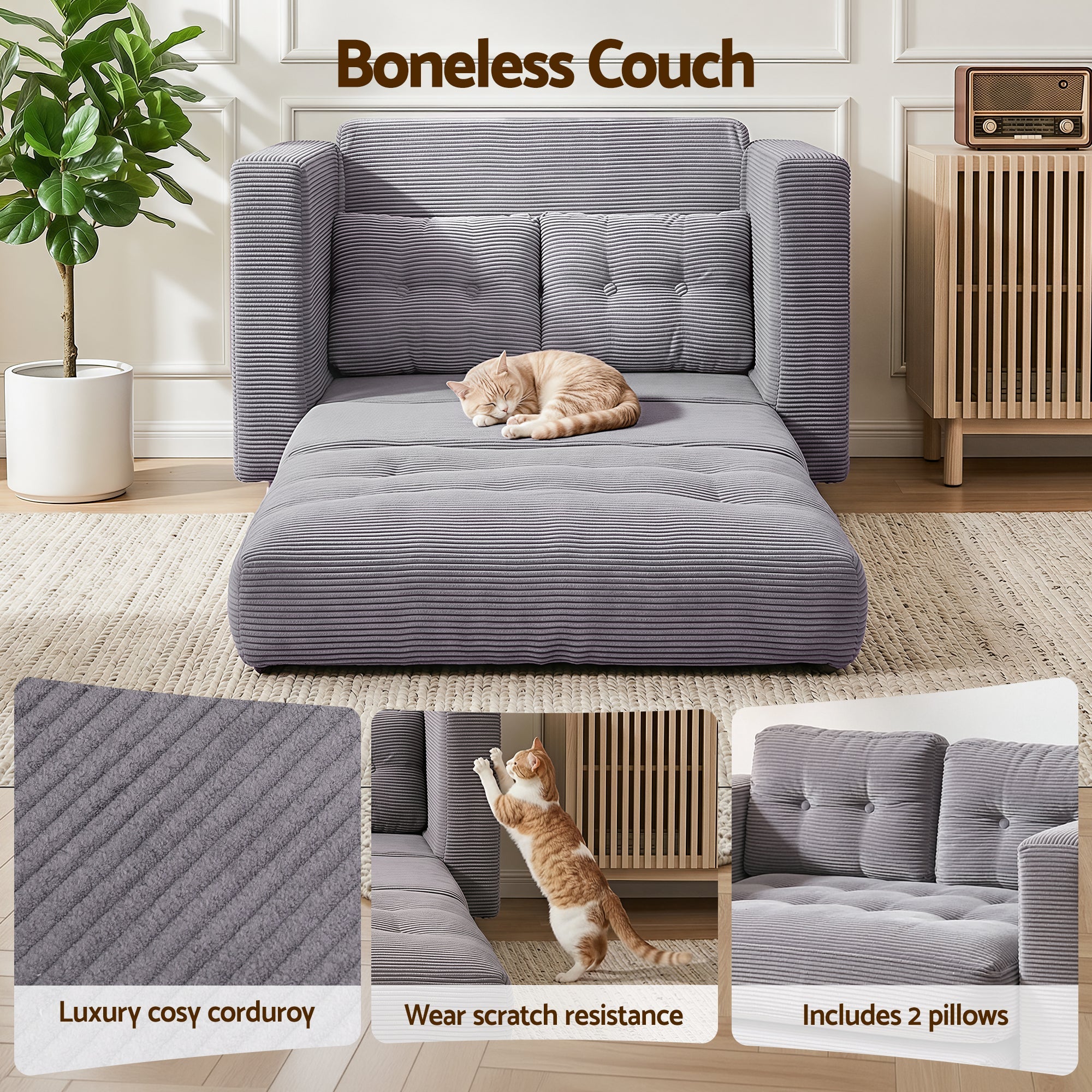 2 Seater Corduroy Convertible Sofa Bed Pull Out Boneless Couch Grey - Furniture > Sofas > Sofas & Sofa Beds - Rivercity House & Home Co. (ABN 18 642 972 209) - Affordable Modern Furniture Australia