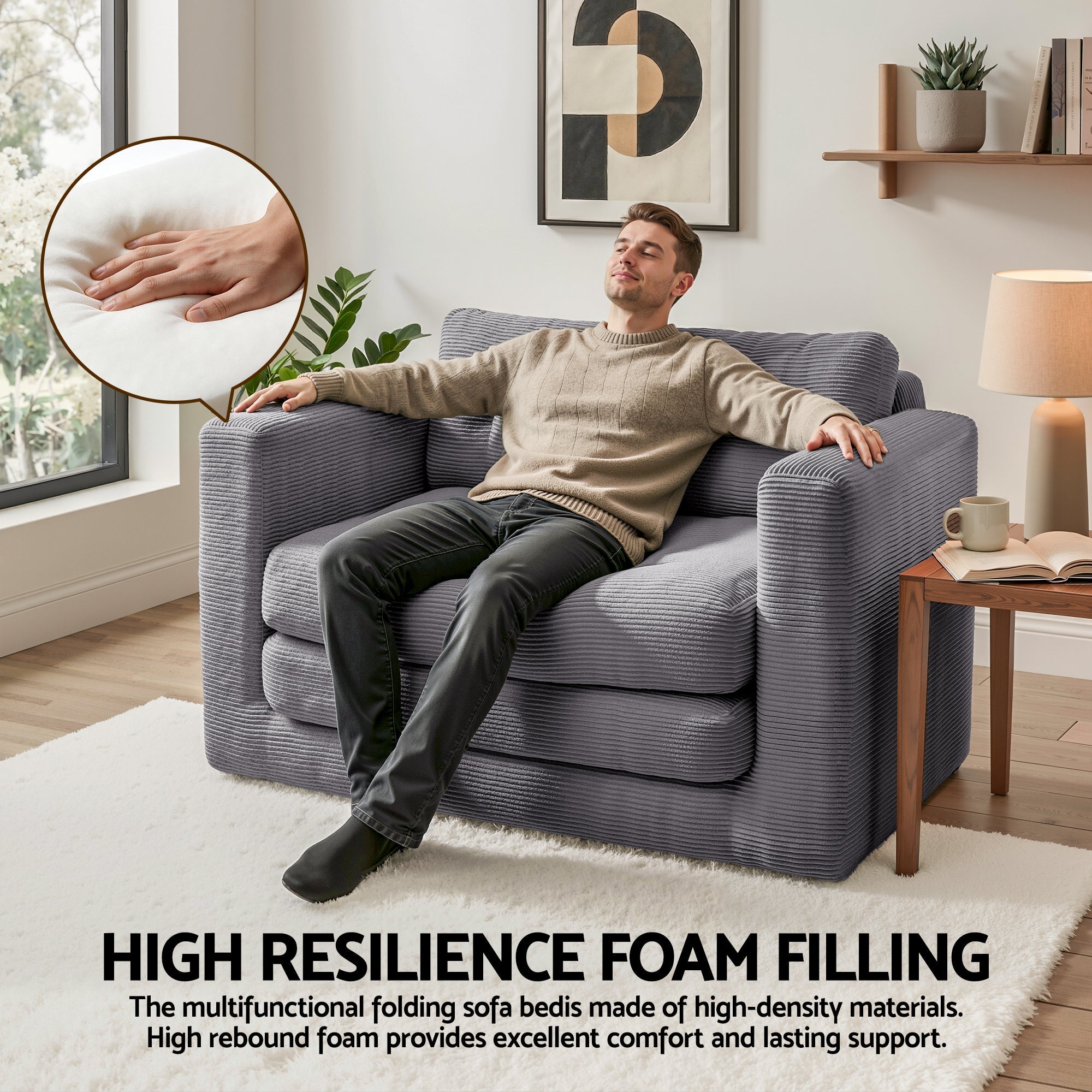 2 Seater Corduroy Convertible Sofa Bed Pull Out Boneless Couch Grey - Furniture > Sofas > Sofas & Sofa Beds - Rivercity House & Home Co. (ABN 18 642 972 209) - Affordable Modern Furniture Australia