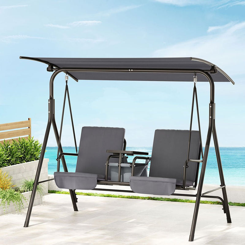 2 Seater Outdoor Patio Swing Chair With Cup Holders - Grey - Furniture > Outdoor - Rivercity House & Home Co. (ABN 18 642 972 209) - Affordable Modern Furniture Australia