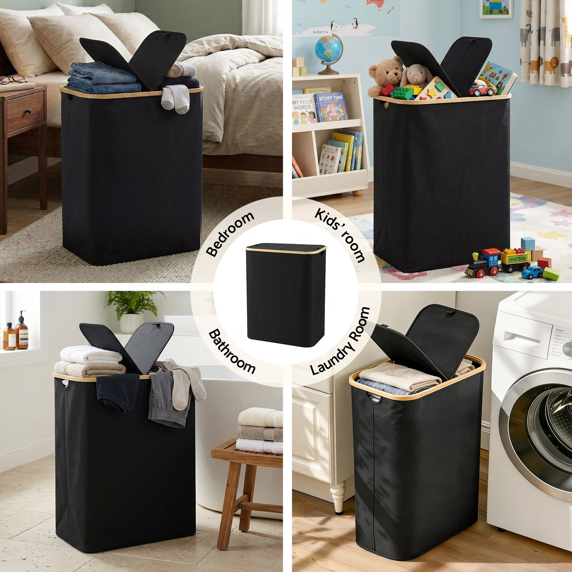 2 Sections Laundry Basket with Removable Bags Foldable Black - Home & Garden > Laundry & Cleaning > Laundry Baskets - Rivercity House & Home Co. (ABN 18 642 972 209) - Affordable Modern Furniture Australia