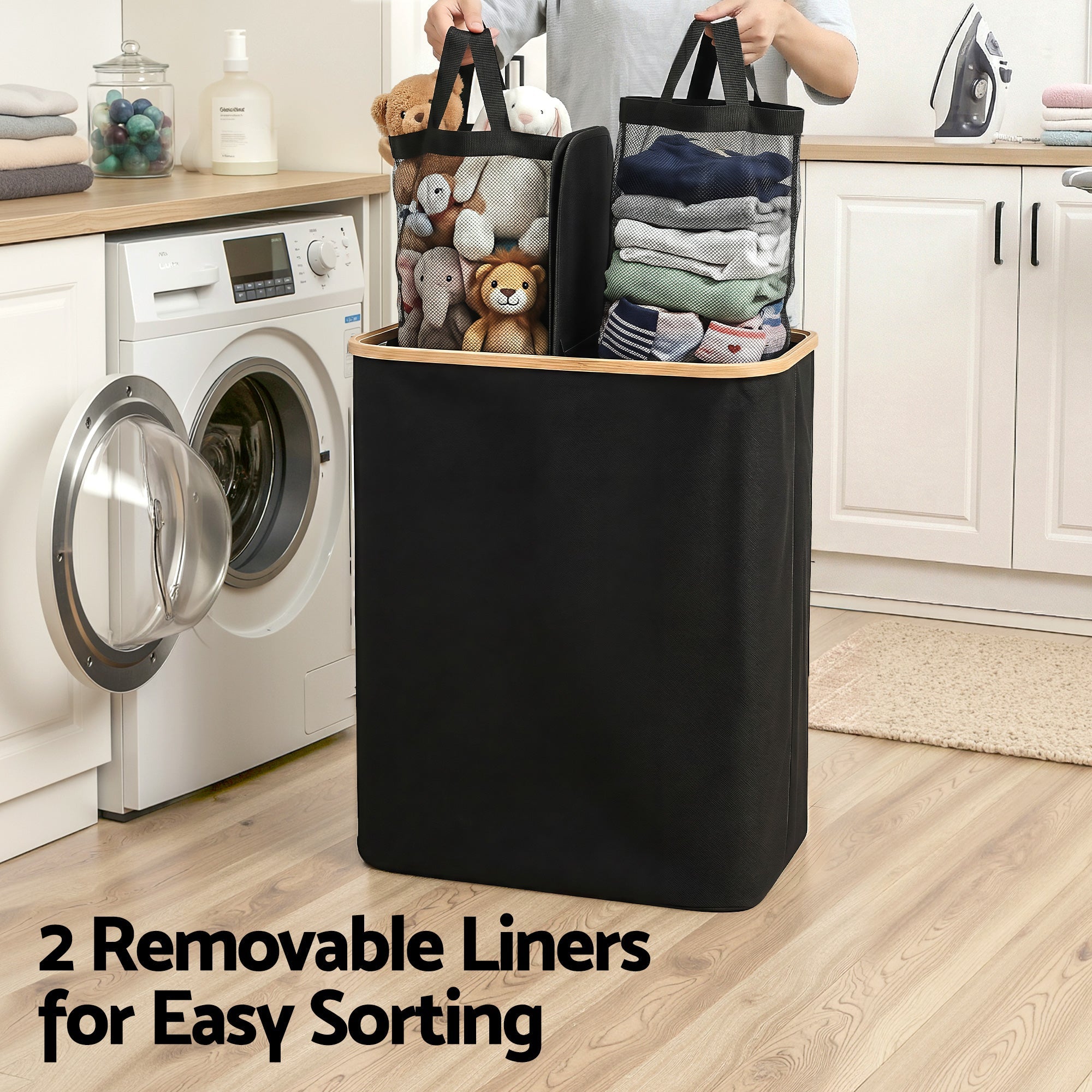 2 Sections Laundry Basket with Removable Bags Foldable Black - Home & Garden > Laundry & Cleaning > Laundry Baskets - Rivercity House & Home Co. (ABN 18 642 972 209) - Affordable Modern Furniture Australia
